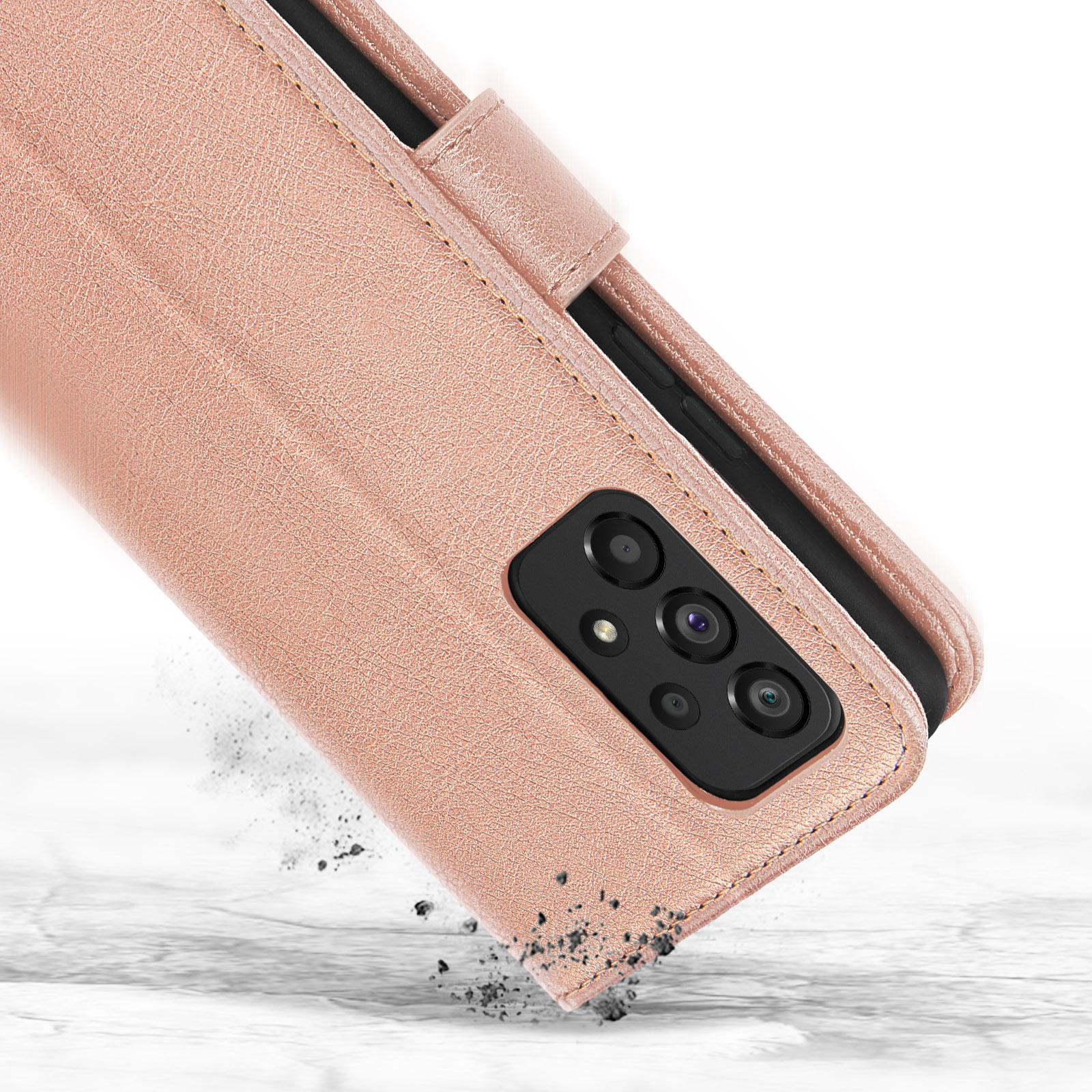 Roze telefoonhoes open, valt naar beneden met een telefoon erin.