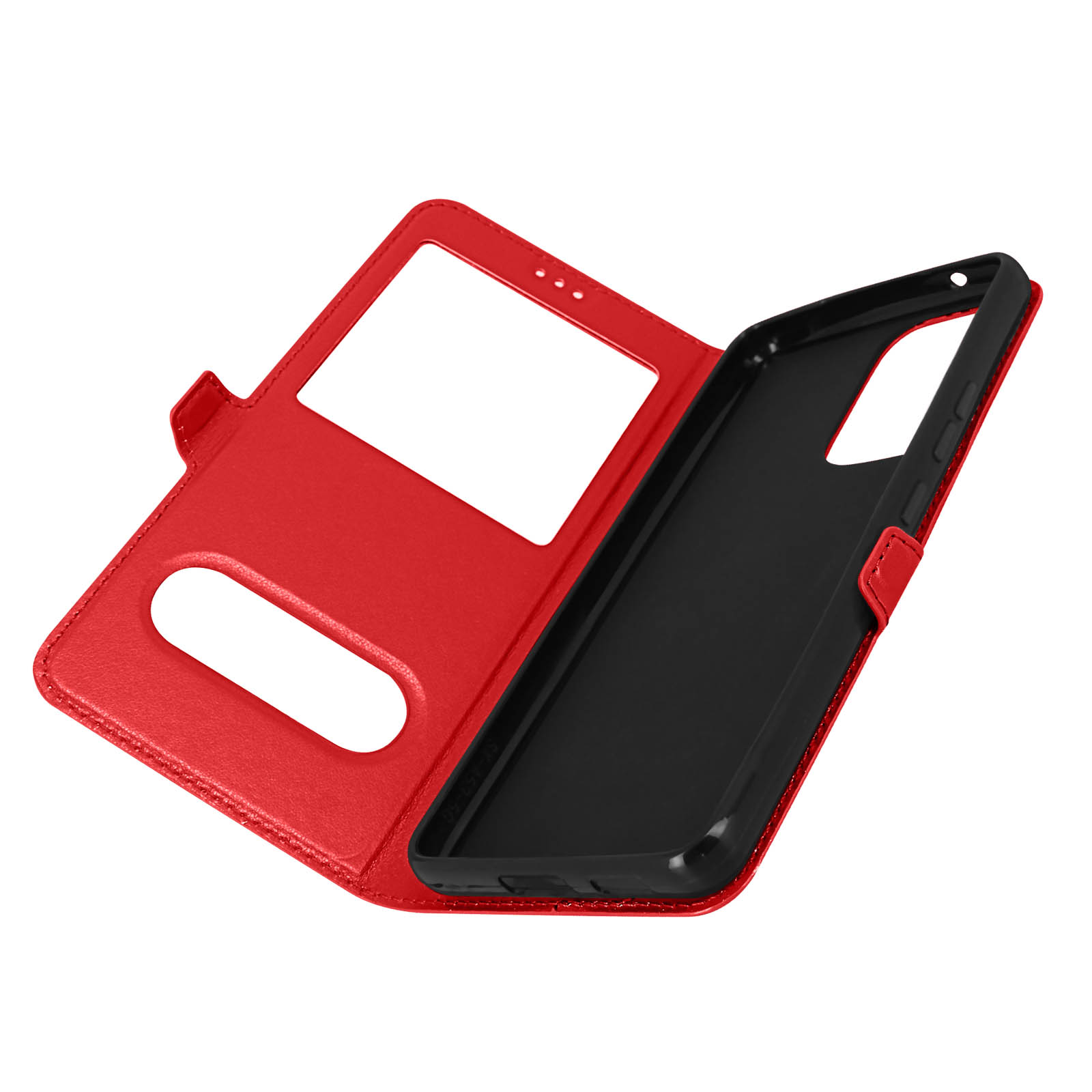 Étui de téléphone en cuir rouge, ouvert. Il possède un support et est noir à l'intérieur.