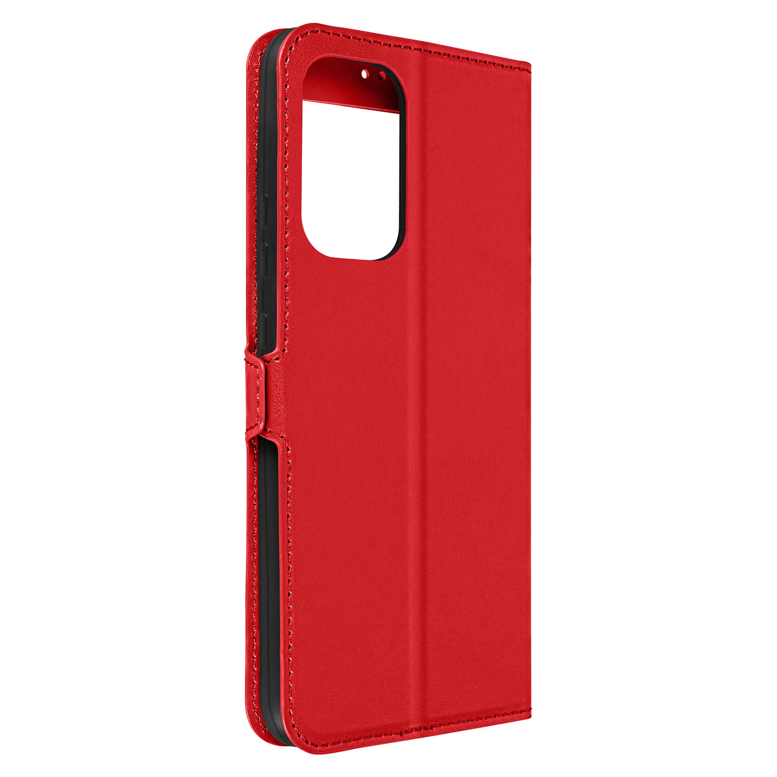 Étui de téléphone en cuir rouge, ouvert. Intérieur et coutures noirs. Fond blanc.