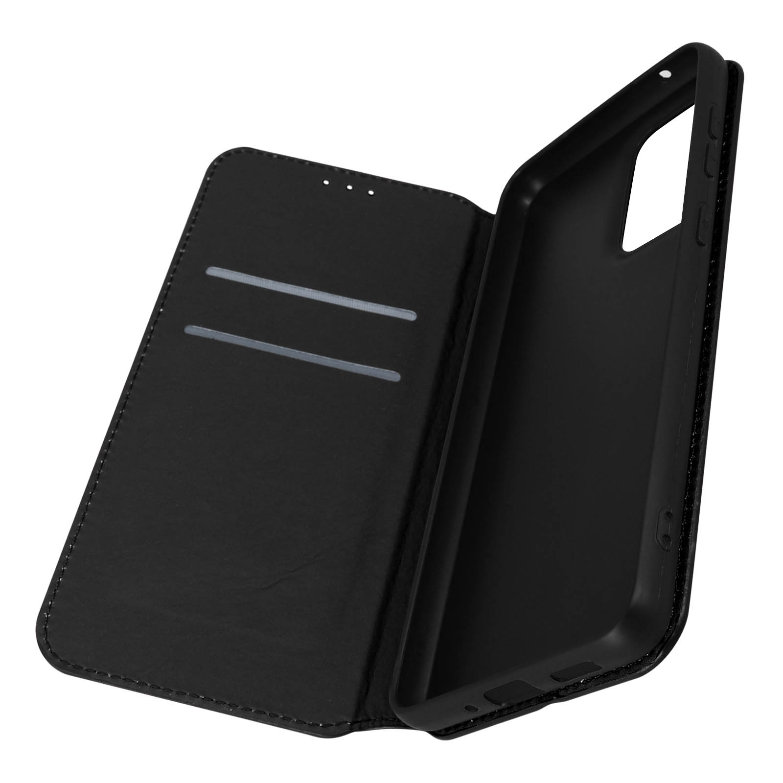Coque de téléphone noire avec emplacements pour cartes. Le téléphone est visible à l'intérieur.