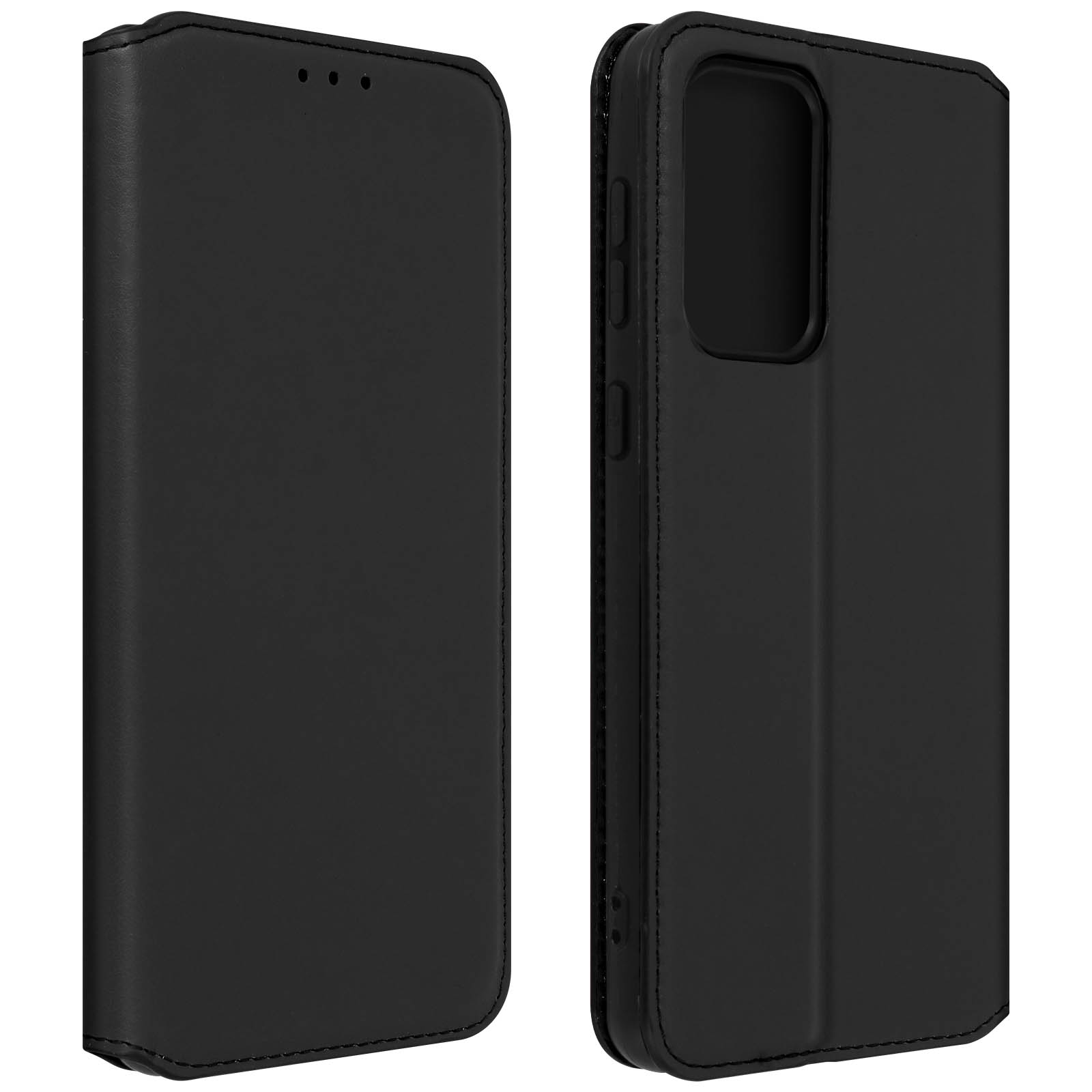 Coque de téléphone noire. L'étui est ouvert vers la caméra.