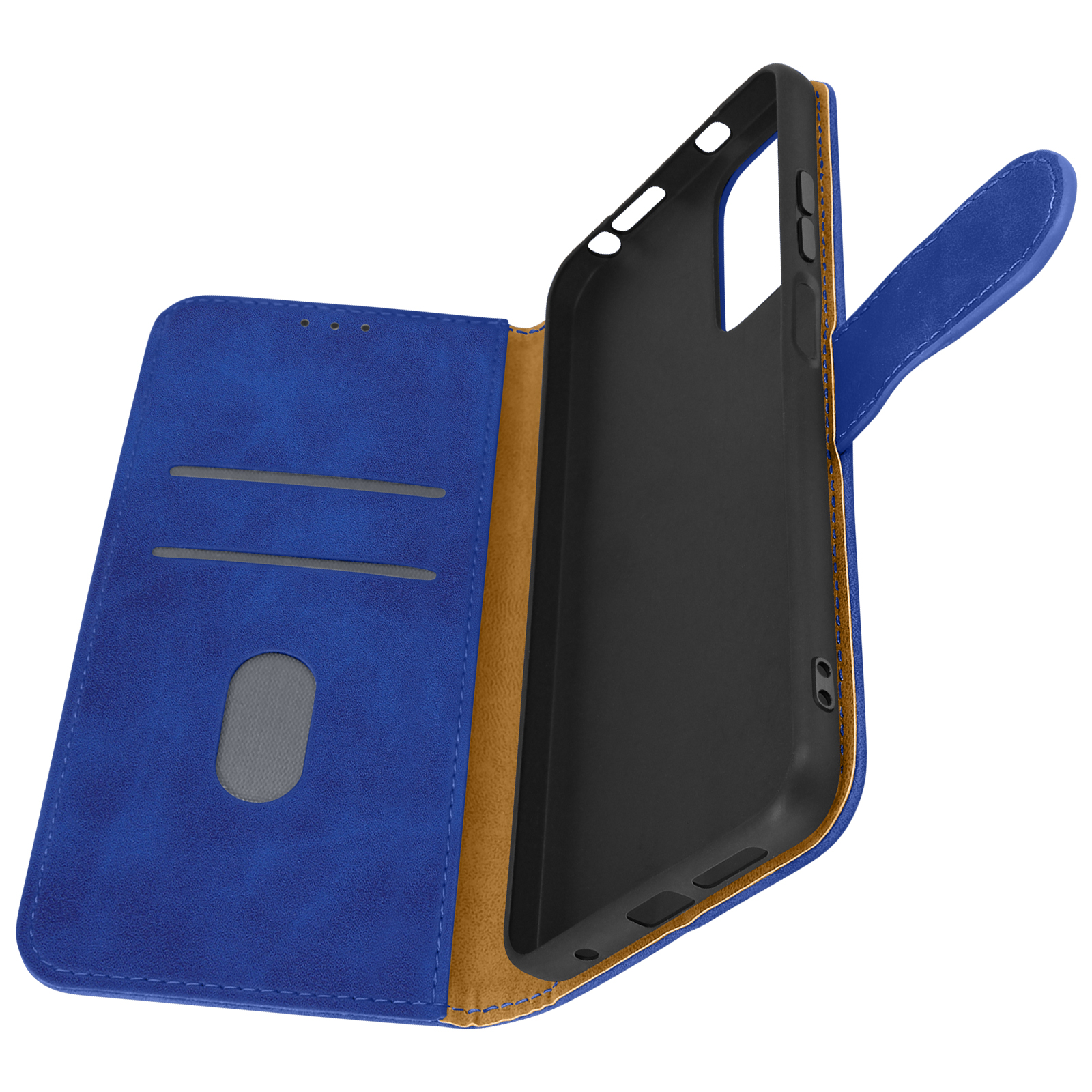Coque de téléphone bleue, ouverte, avec un intérieur marron et un téléphone noir.