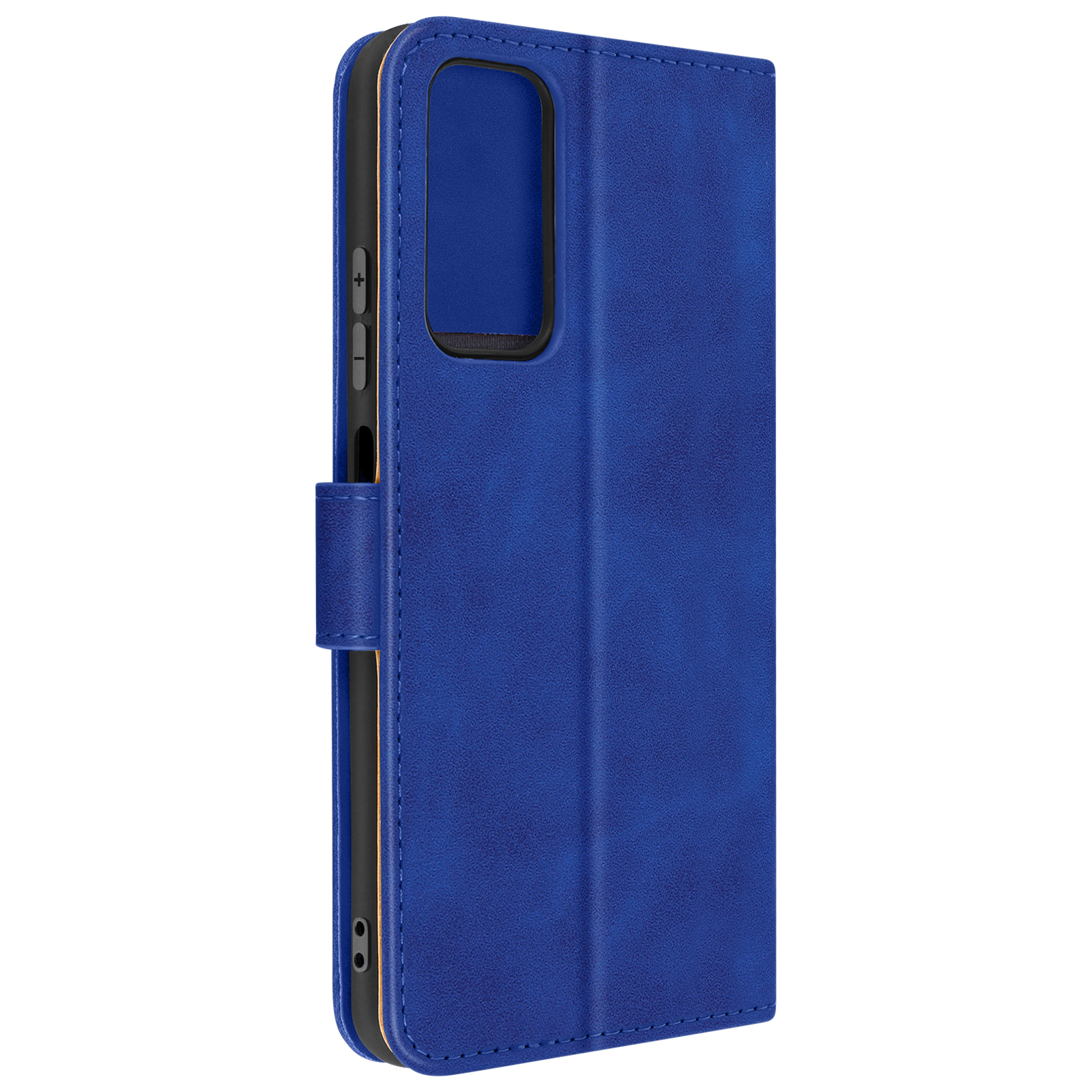 Étui de téléphone bleu fermé. Boutons visibles. Texture simili cuir. Bleu et noir.