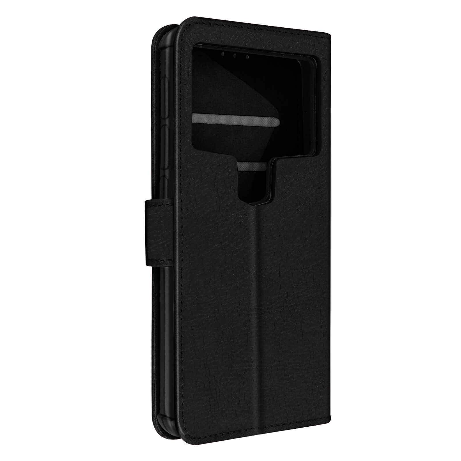 Custodia per telefono in pelle nera chiusa. La custodia è chiusa e mostra una superficie in pelle strutturata.