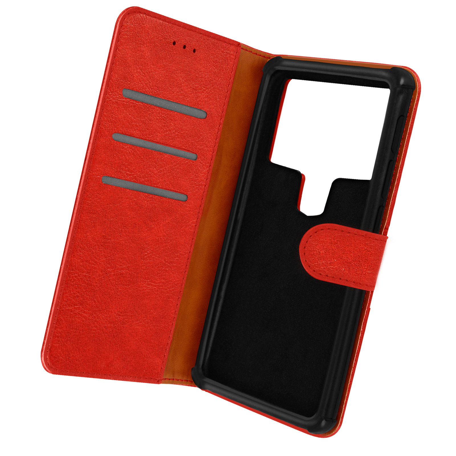 Una custodia rossa per telefono aperta con fessure per carte e telefono.