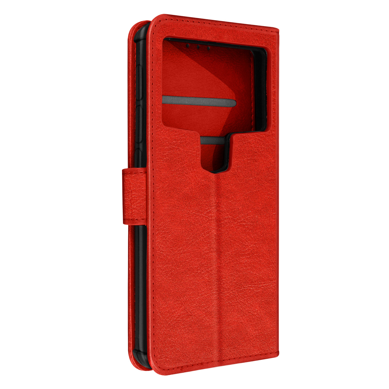 Custodia in pelle rossa aperta. La custodia è vuota e pronta per un telefono.