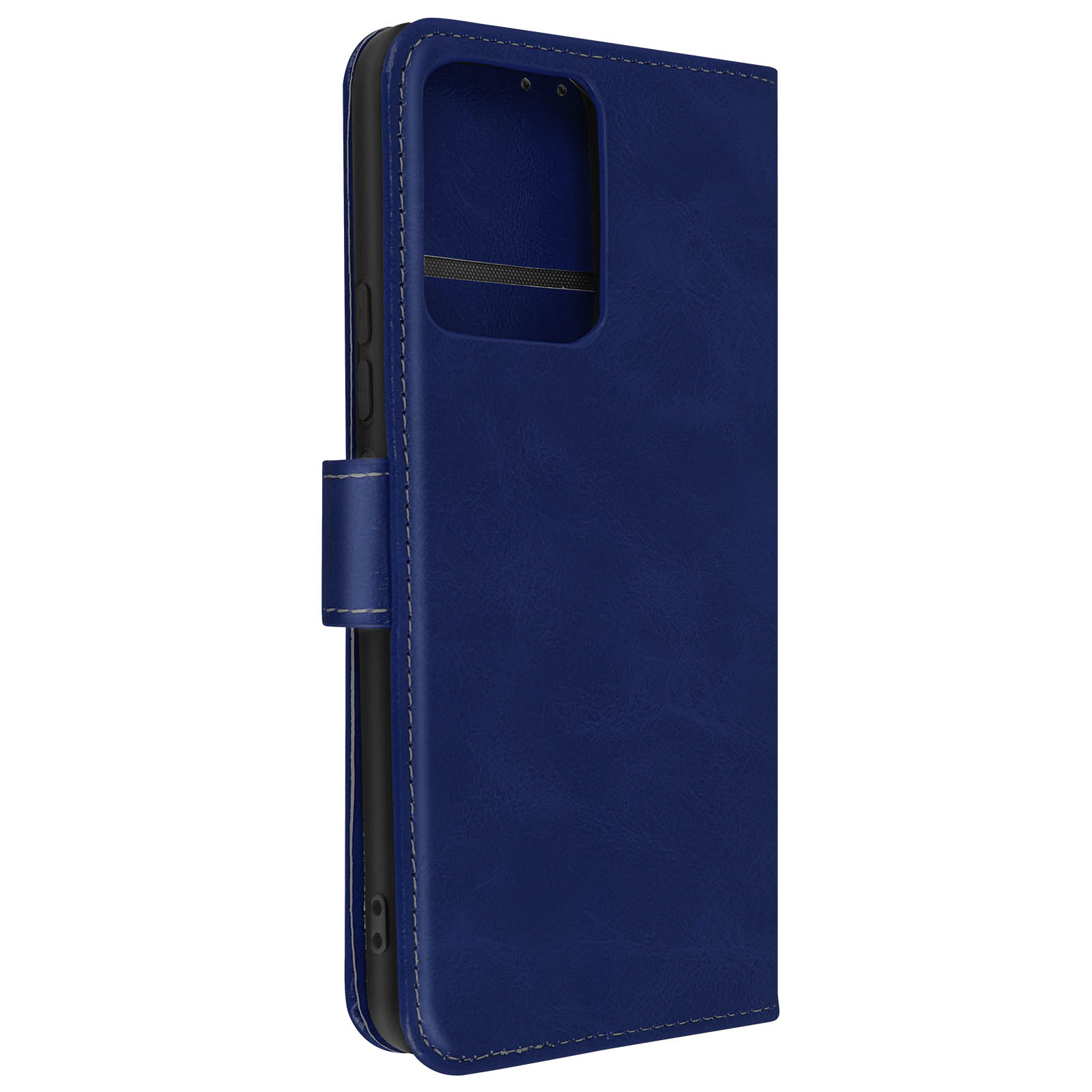 Una custodia blu per telefono è chiusa. Ha una chiusura magnetica ed è in pelle.