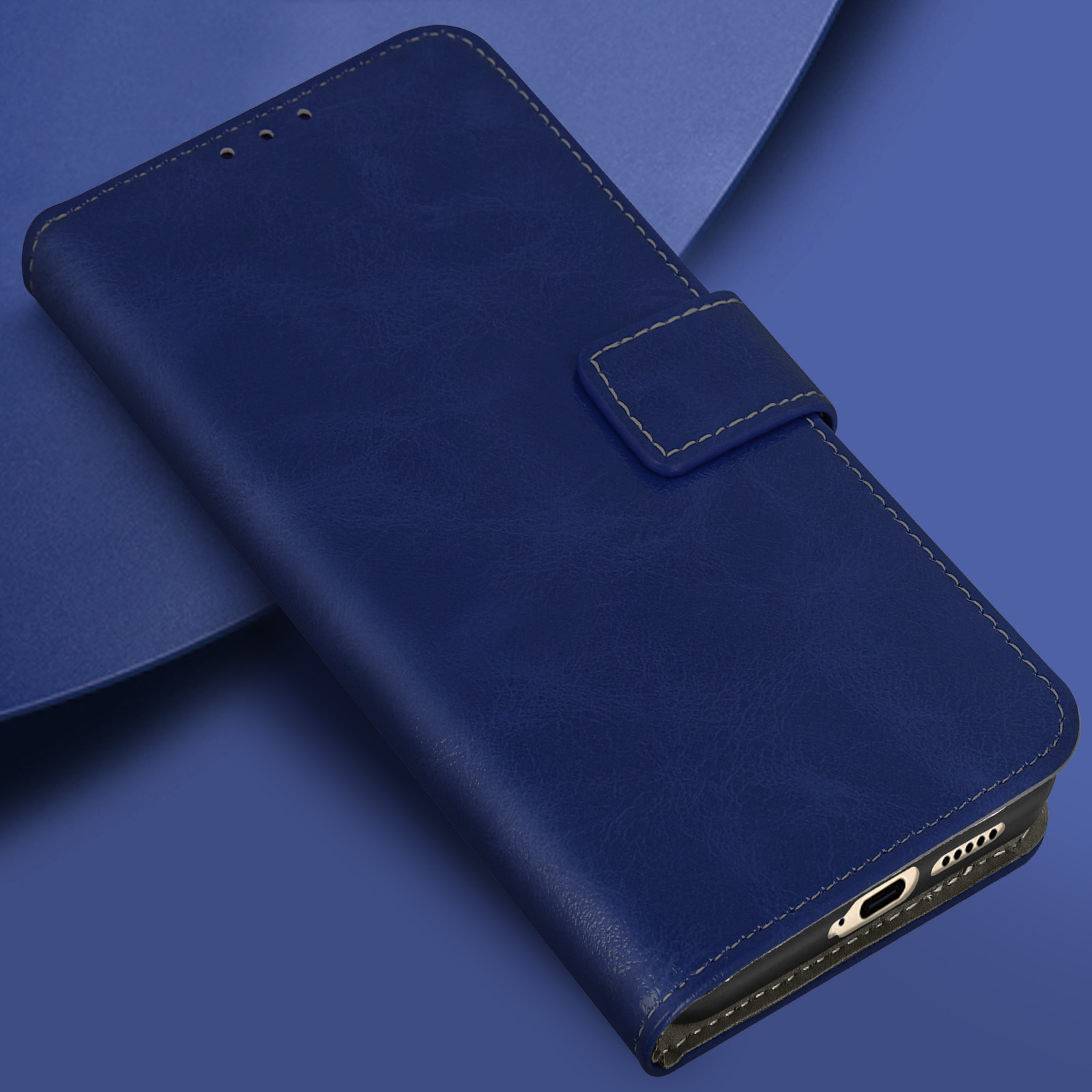 Custodia blu chiusa. Custodia in pelle, chiusura magnetica.