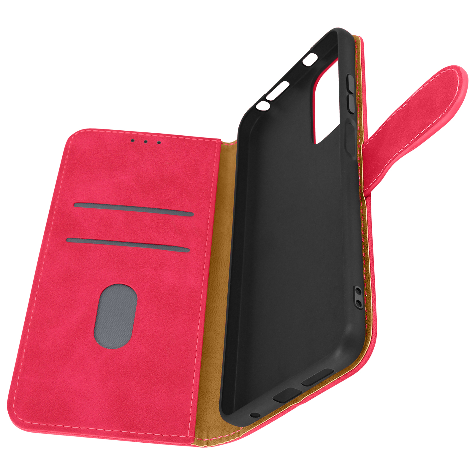 Roze telefoonhoes, open. Zwart interieur, rechts open. Witte achtergrond.