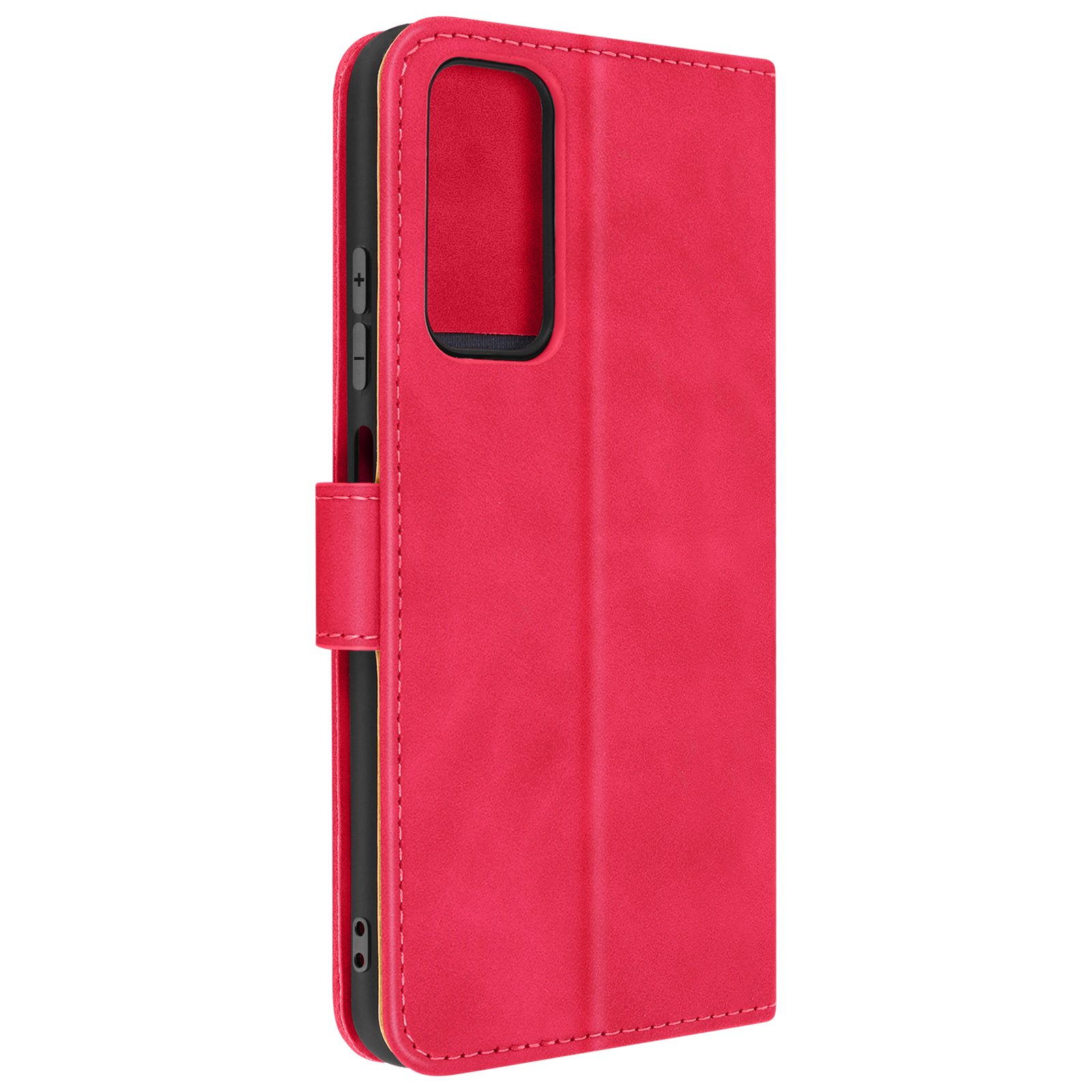 Rode telefoonhoes, gesloten. Magnetische sluiting, camera-uitsparing en toegang tot knoppen.