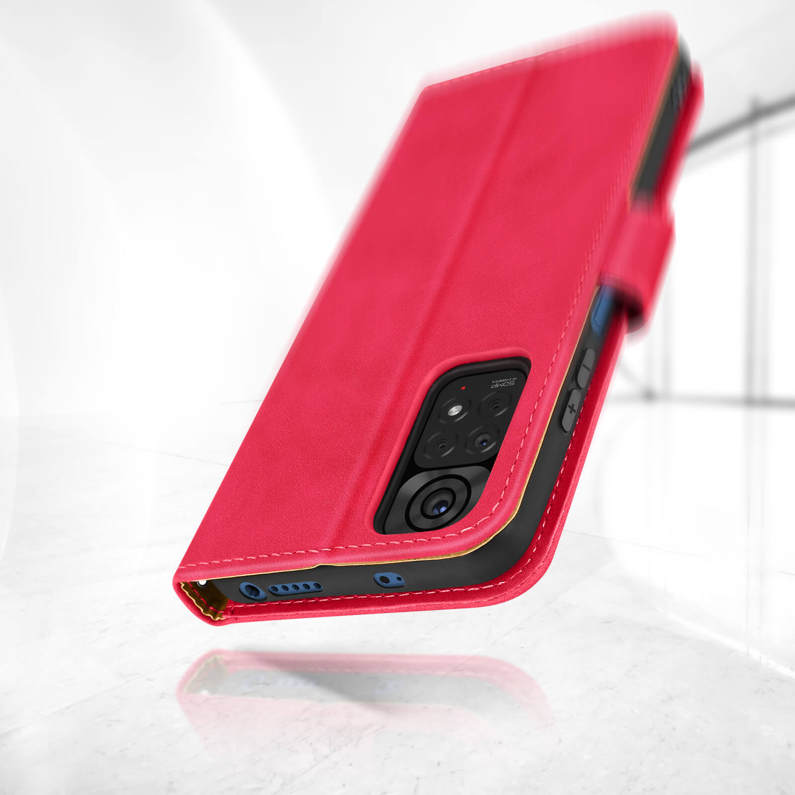 Een rode telefoonhoes met een telefoon erin. De hoes is open en toont het scherm van de telefoon.