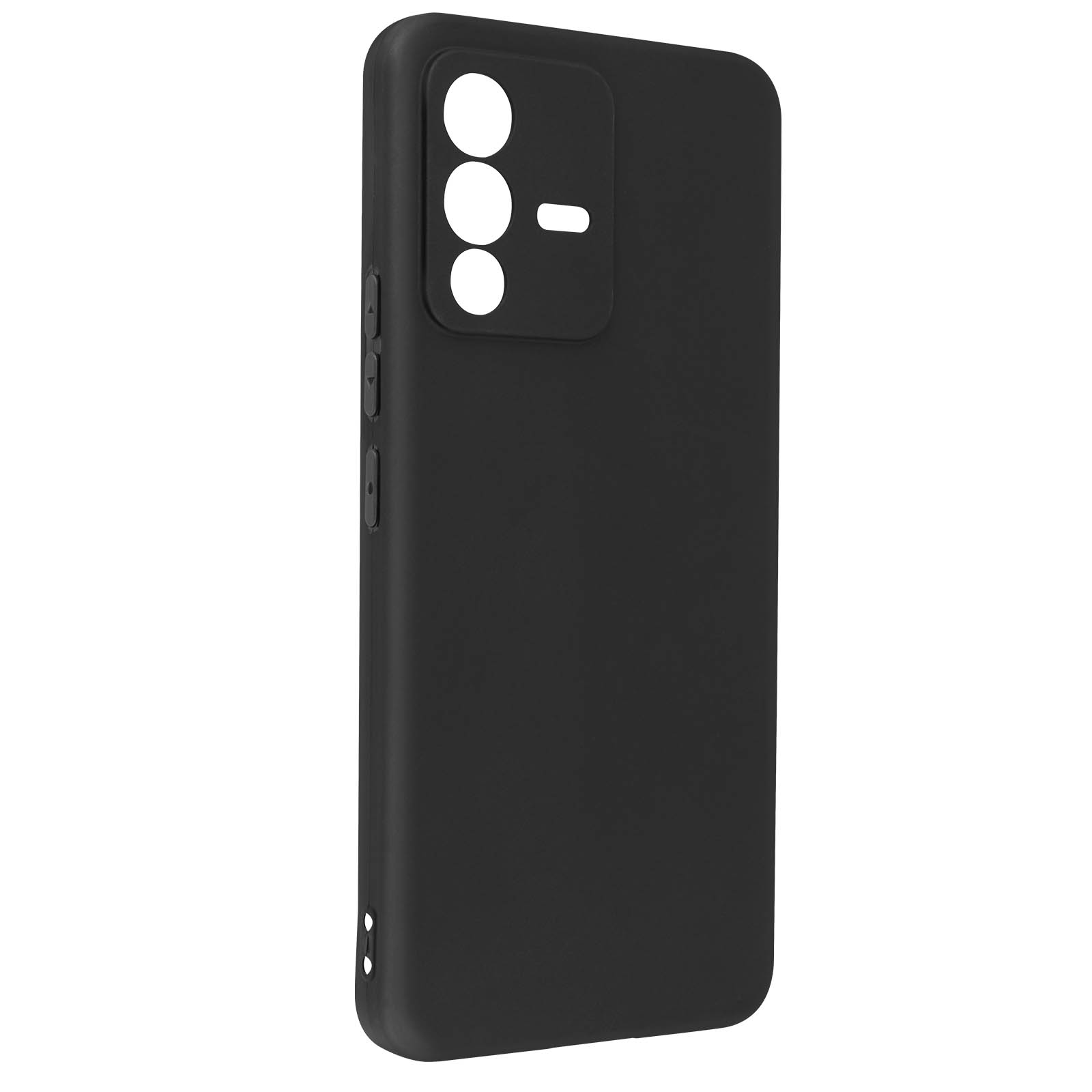 Custodia per telefono nera. Ha tre ritagli per fotocamera e un ritaglio per il pulsante laterale.