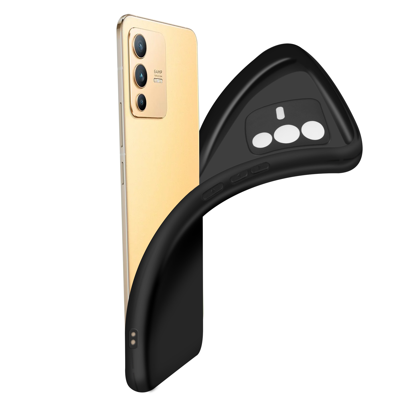 Un telefono dorato con custodia nera che viene rimosso dal telefono. Sfondo bianco.
