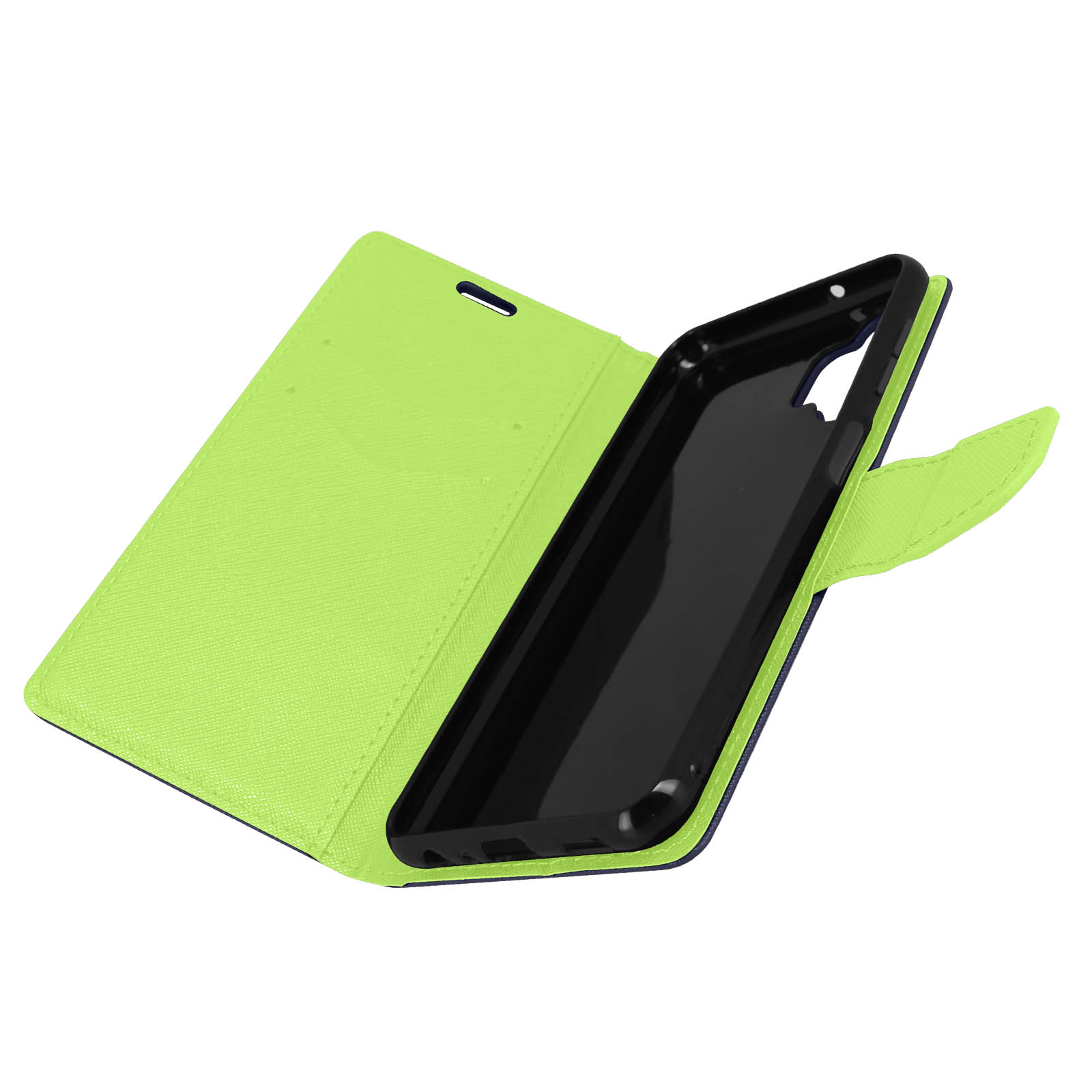 Funda verde para teléfono, abierta. Exterior verde lima, interior negro.