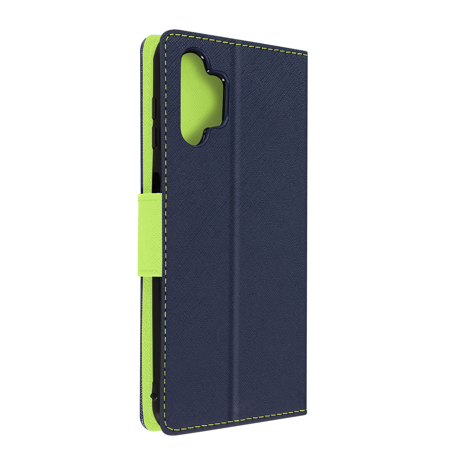 Funda de teléfono azul marino, interior verde, con una correa verde.