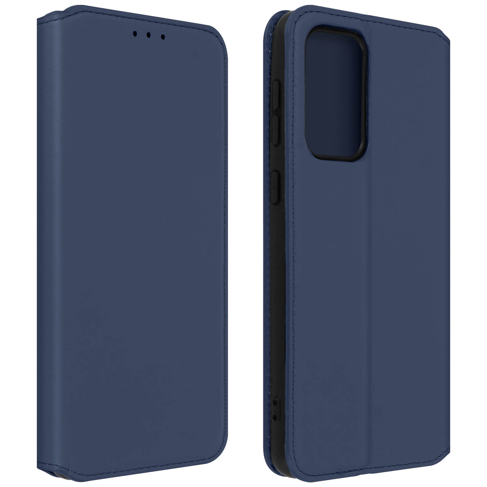 Blauwe leren telefoonhoes, open en dicht. De open hoes toont het scherm van de telefoon.