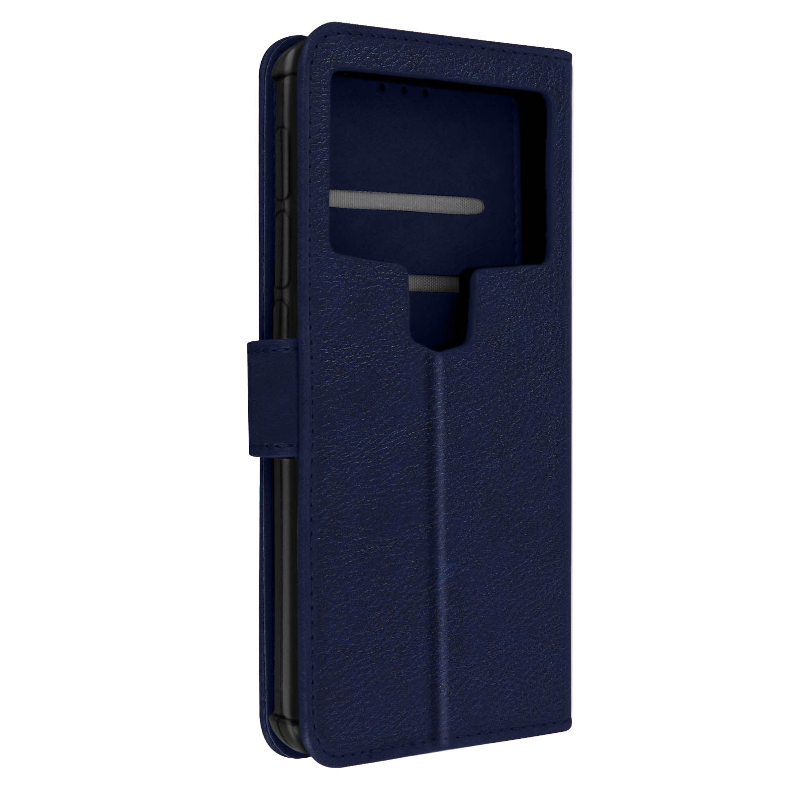 Custodia blu navy con finestra. È chiusa e in posizione verticale.