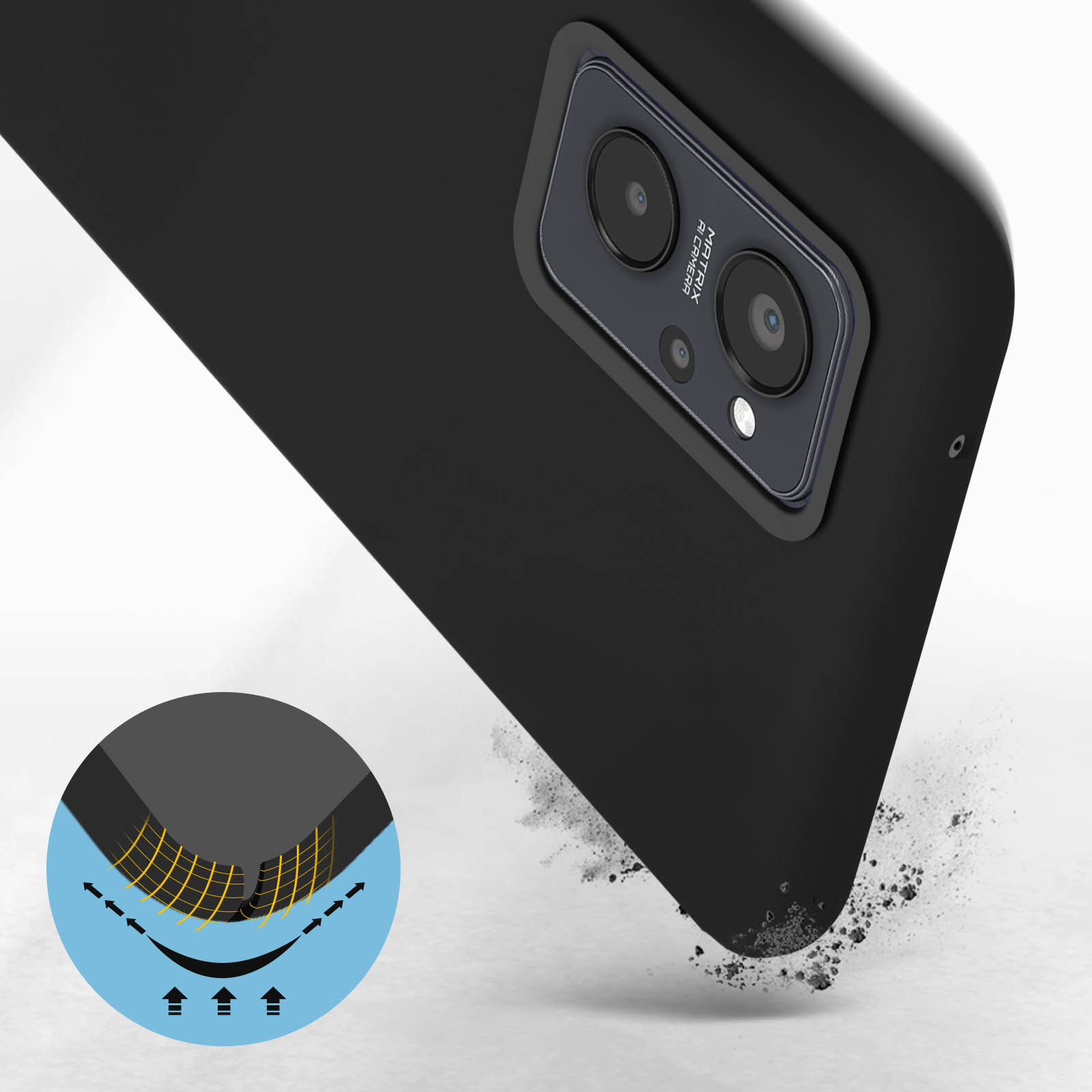 Coque de téléphone noire avec découpe pour l'appareil photo, montrant l'absorption des chocs. Le téléphone est sur une surface.