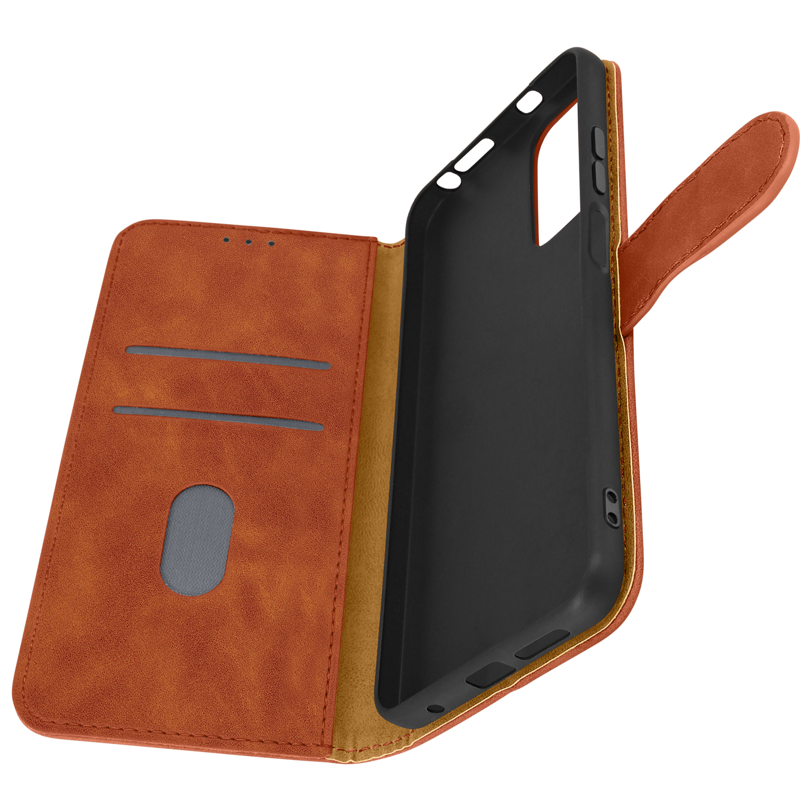 Étui de téléphone marron, ouvert. À l'intérieur se trouve un étui noir. L'étui a des fentes pour cartes.