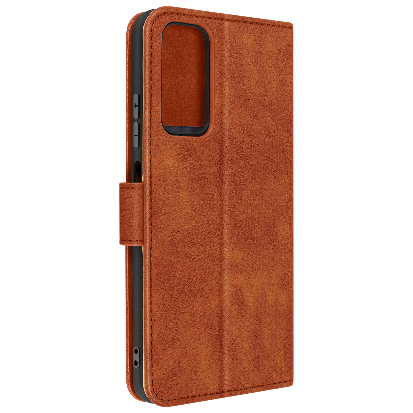 Étui de téléphone en cuir marron ouvert pour montrer un téléphone à l'intérieur.