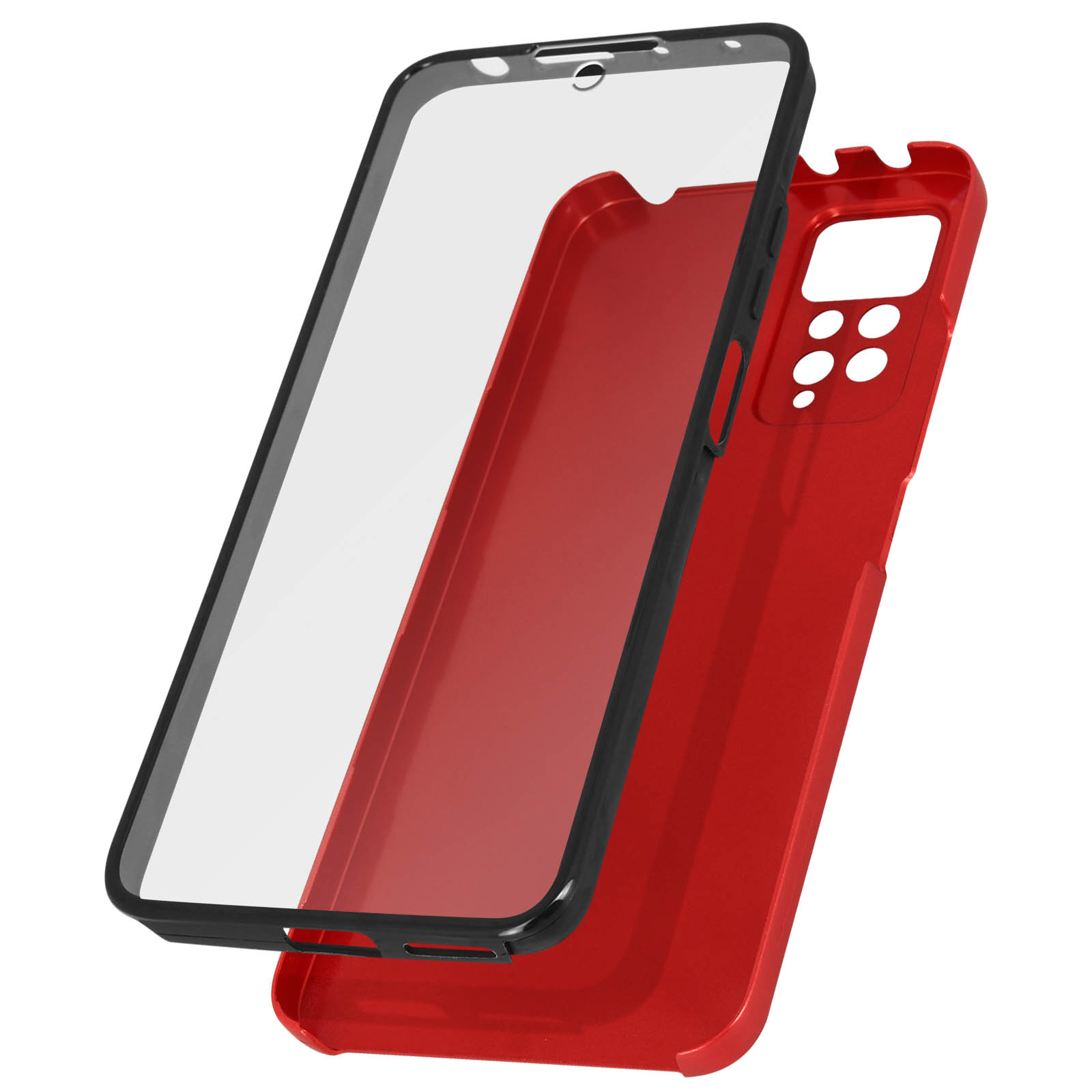 Coque de téléphone rouge avec cadre transparent et protecteur d'écran, séparés. L'étui est pour un téléphone.