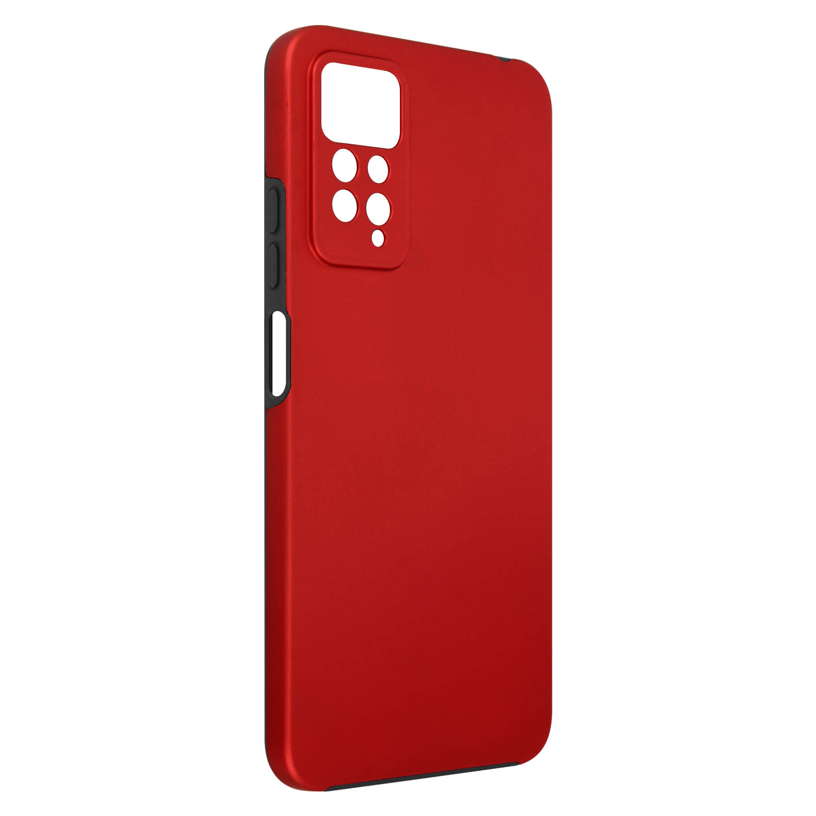 Une coque de téléphone rouge avec des découpes pour l'appareil photo. La coque est sur fond blanc.