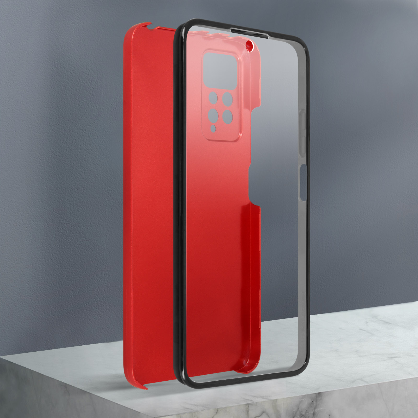 Téléphone rouge et coque transparente. Fond gris. Découpes de caméra visibles.