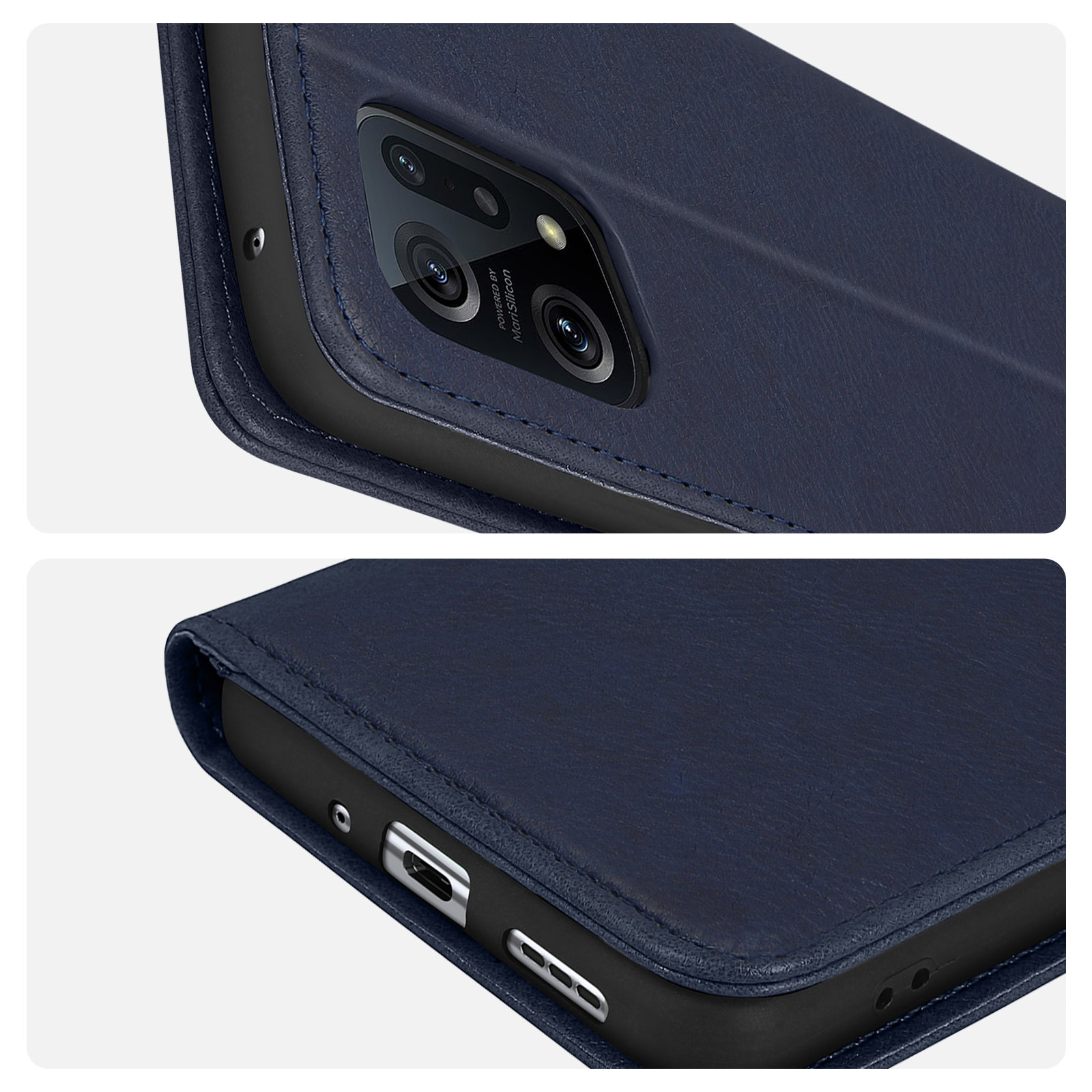 Primo piano di una custodia blu per telefono con obiettivo della fotocamera. La custodia è su una superficie di legno.