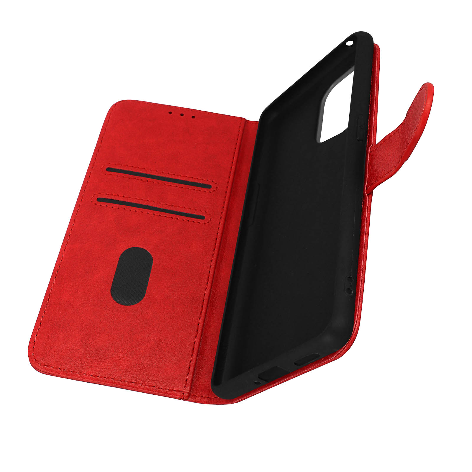 Portafoglio per telefono in pelle rossa, aperto per rivelare fessure per carte e una custodia nera. Custodia vuota.