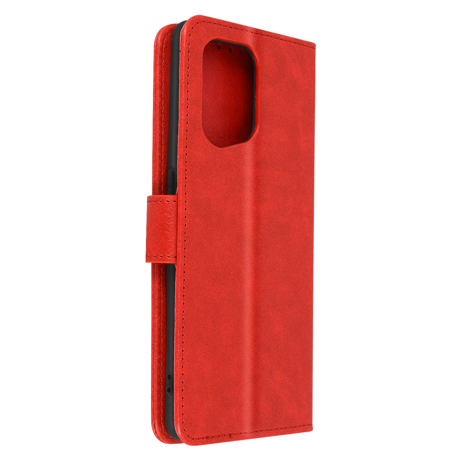 Custodia per telefono in pelle rossa, chiusa. Con chiusura e ritaglio per telefono.