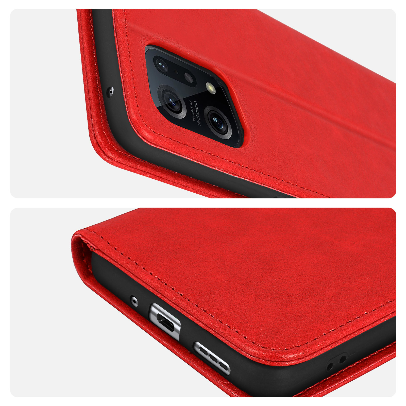 Primo piano di una custodia rossa, che mostra la fotocamera e le porte.