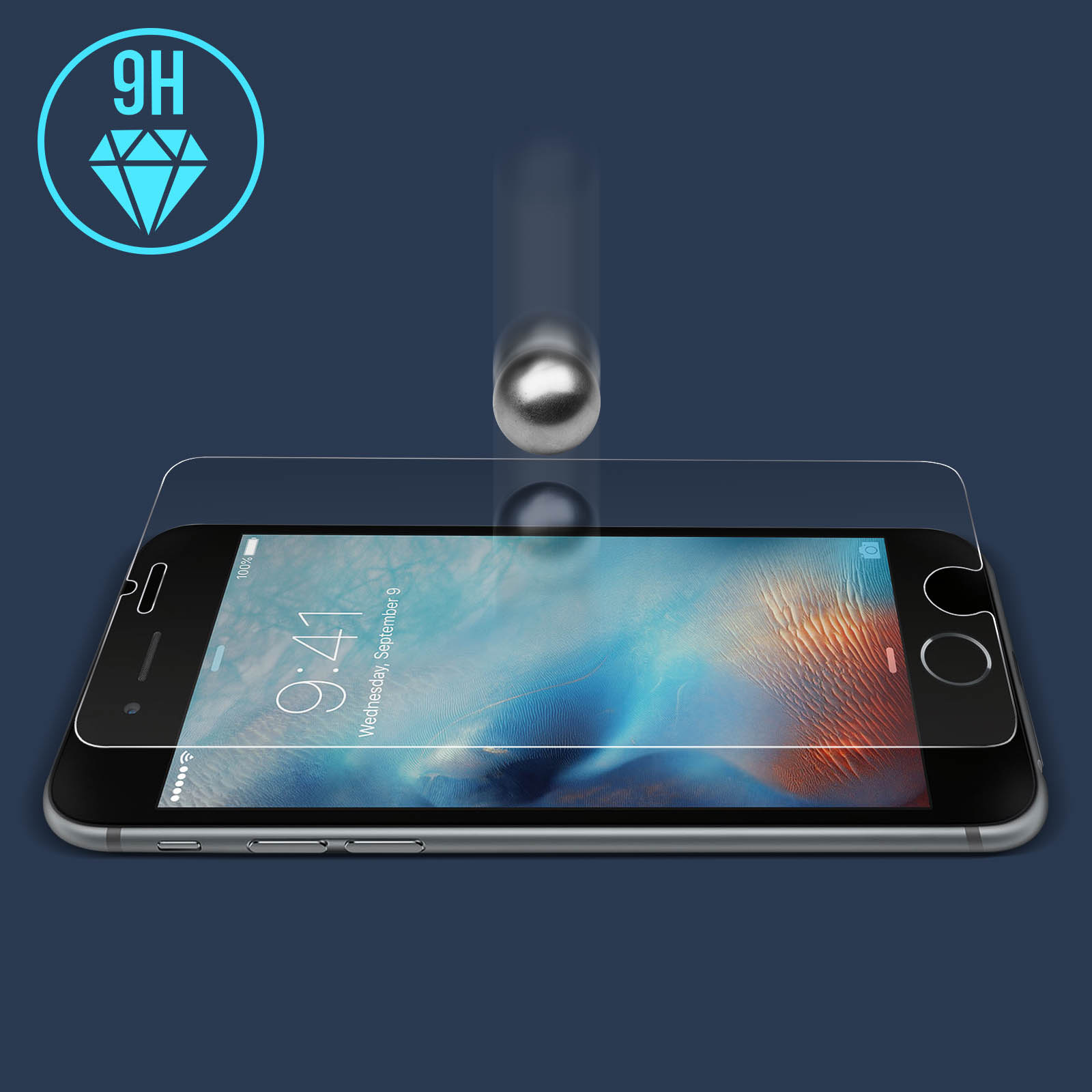 Telefono con protezione schermo, test d'impatto con una sfera metallica.