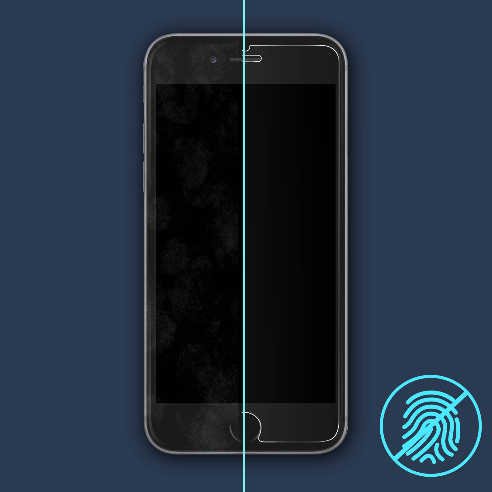 Schermo del telefono con impronte digitali a sinistra. Schermo pulito a destra. Nessun simbolo di impronta digitale.
