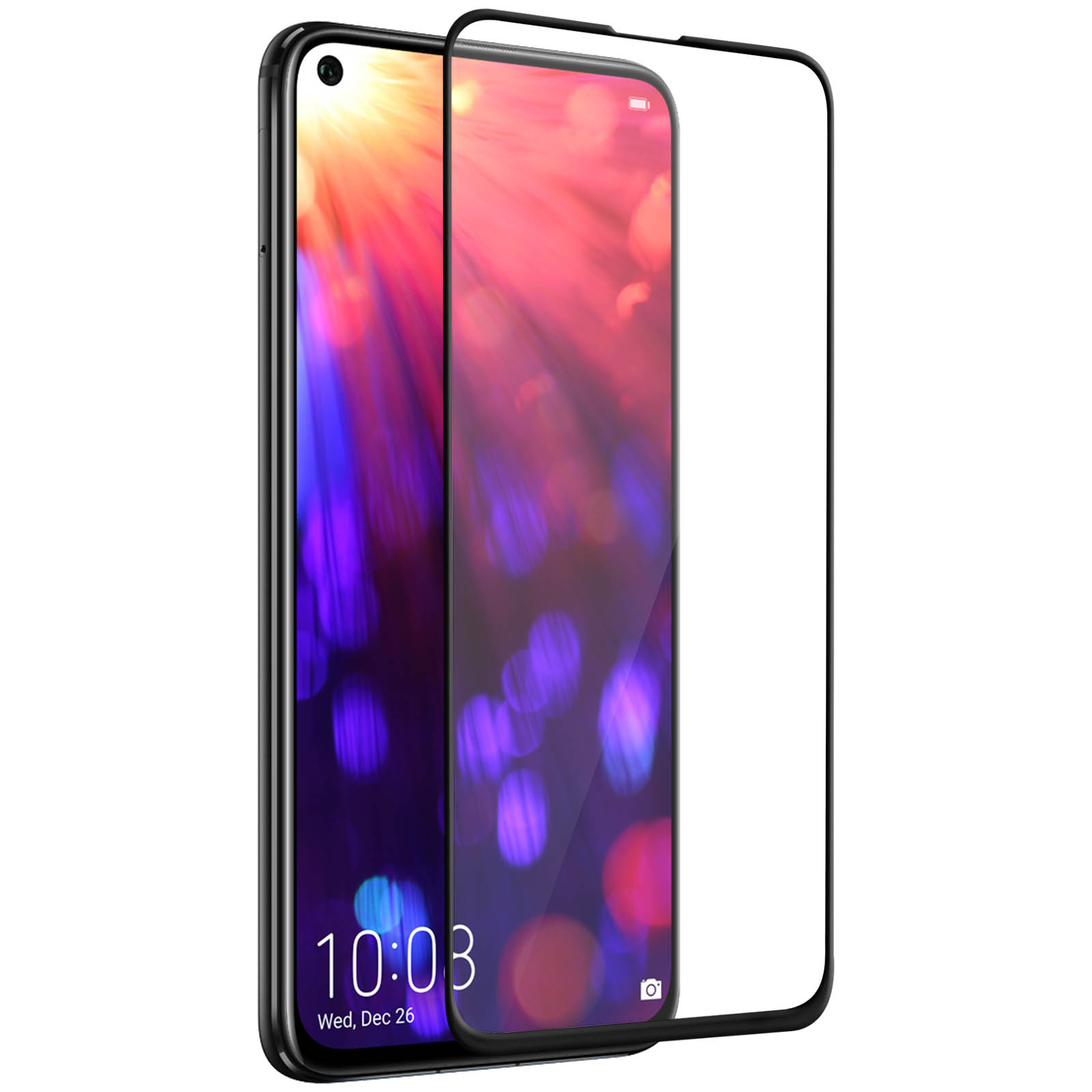 Smartphone con protezione schermo. Ora 10:03, mer 26 dic. Schermo mostra colori sfocati.