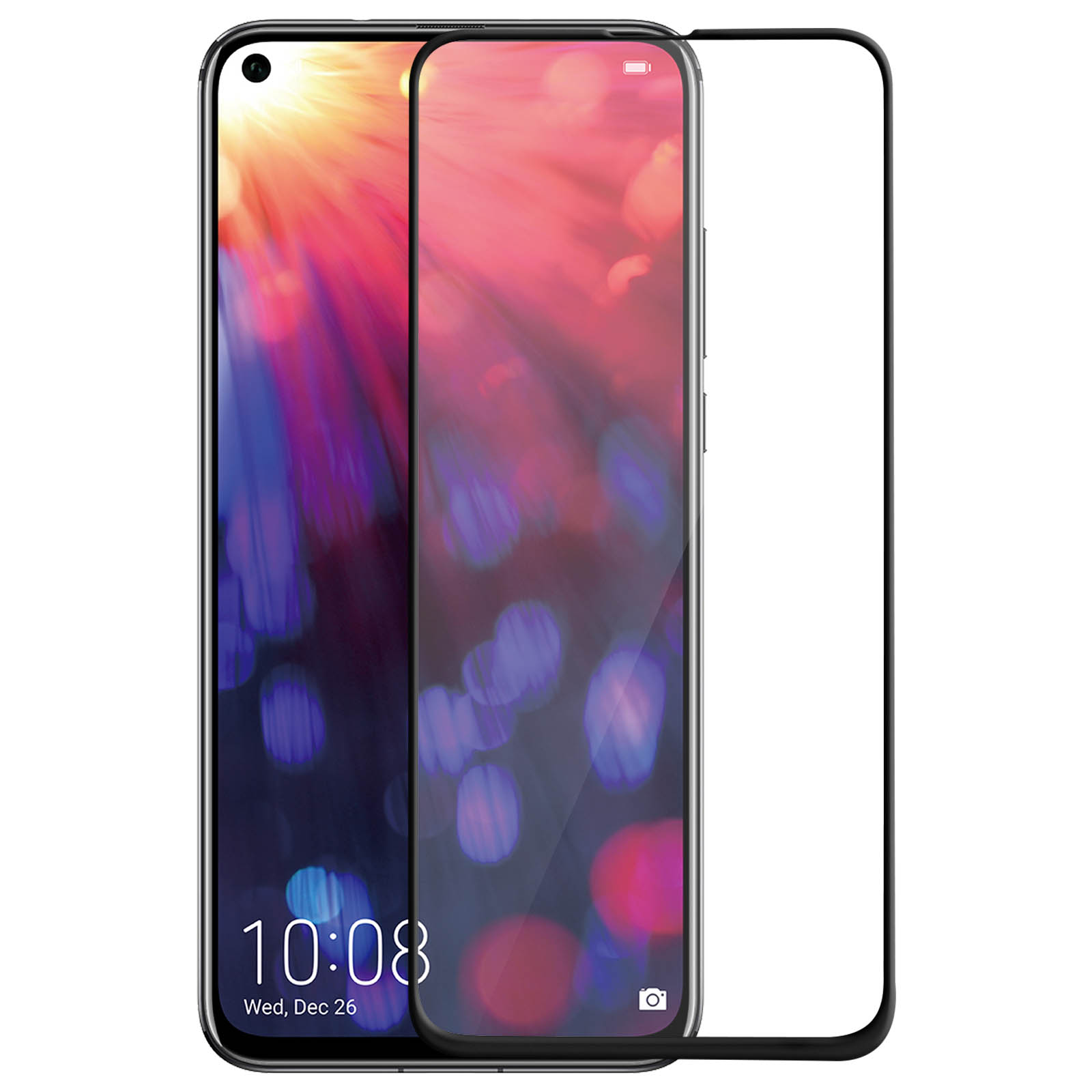 Uno smartphone con protezione schermo. Lo schermo mostra uno sfondo astratto colorato con ora e data.