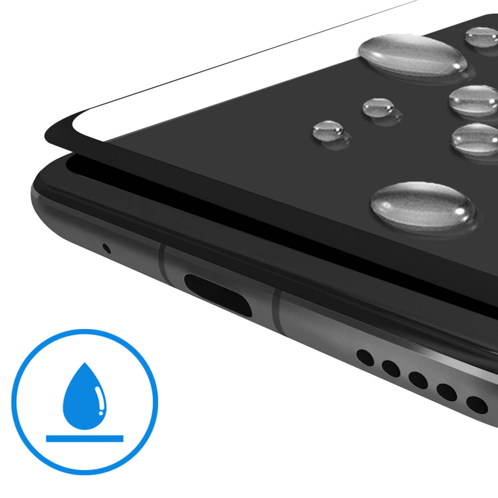 Telefono nero con protezione schermo e gocce d'acqua. Icona blu goccia d'acqua in basso a sinistra.