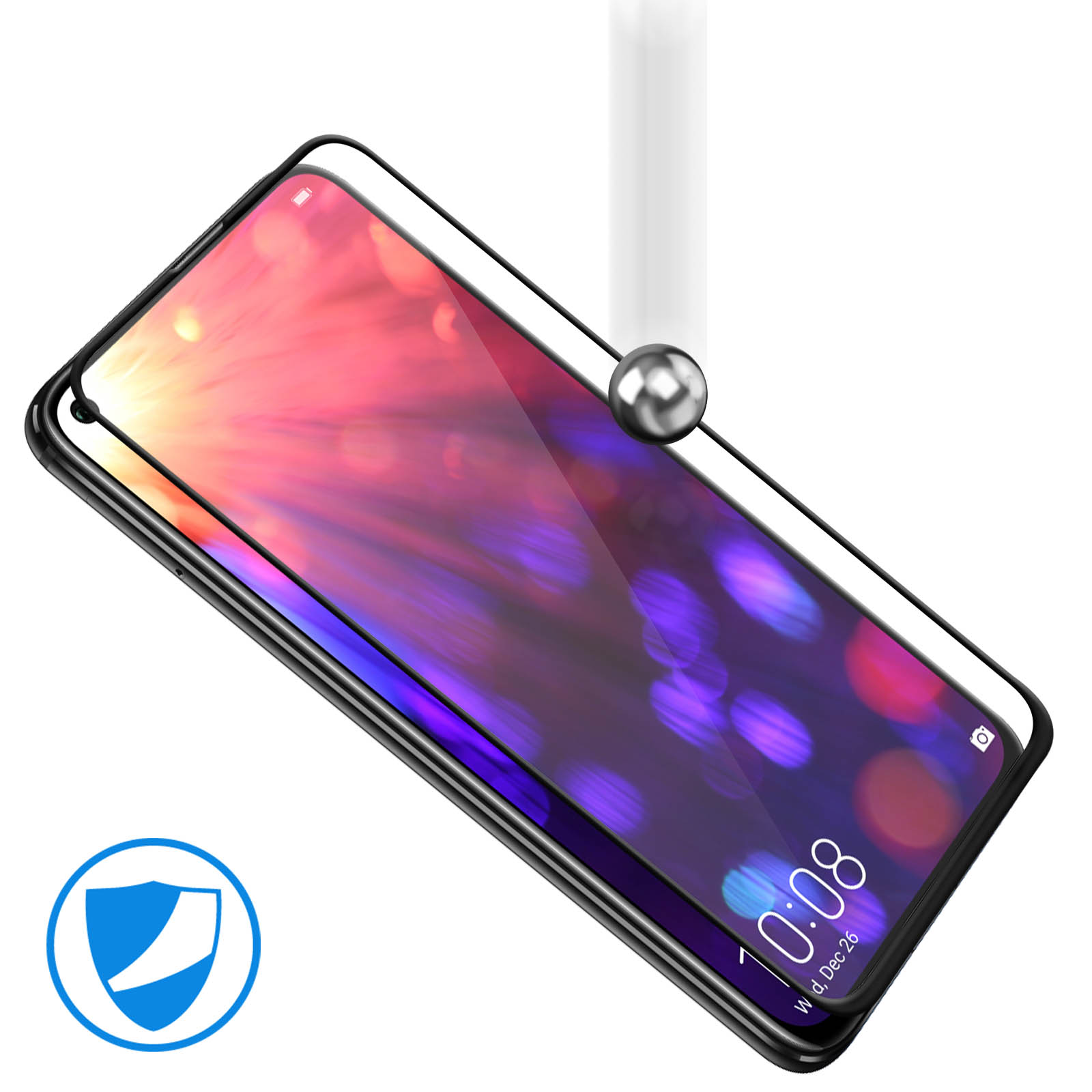 Un telefono con protezione schermo. Una sfera d'argento è sopra il telefono. Lo schermo mostra uno sfondo colorato. Visibile un'icona scudo.