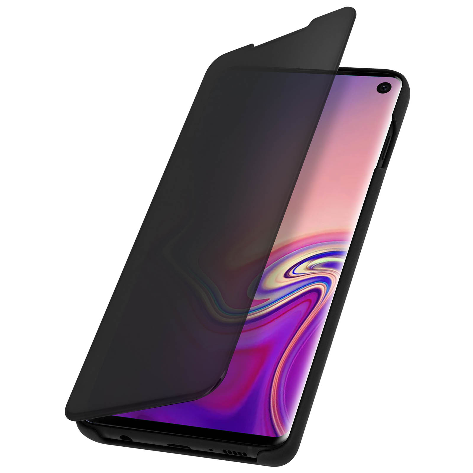 Custodia nera per telefono, con la cover aperta. Telefono con schermo rosa.