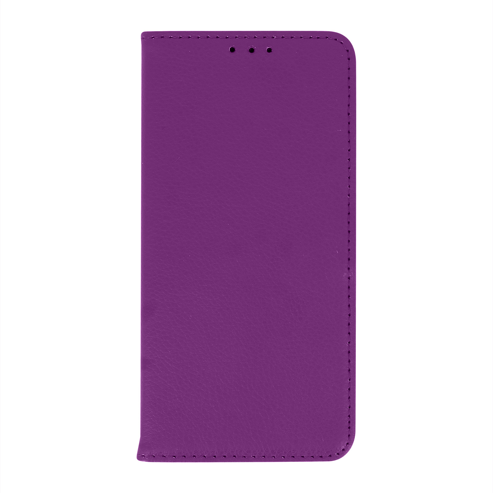 Custodia viola per telefono. È una custodia a libro con coperchio. Ha ritagli per fotocamera e altoparlanti.