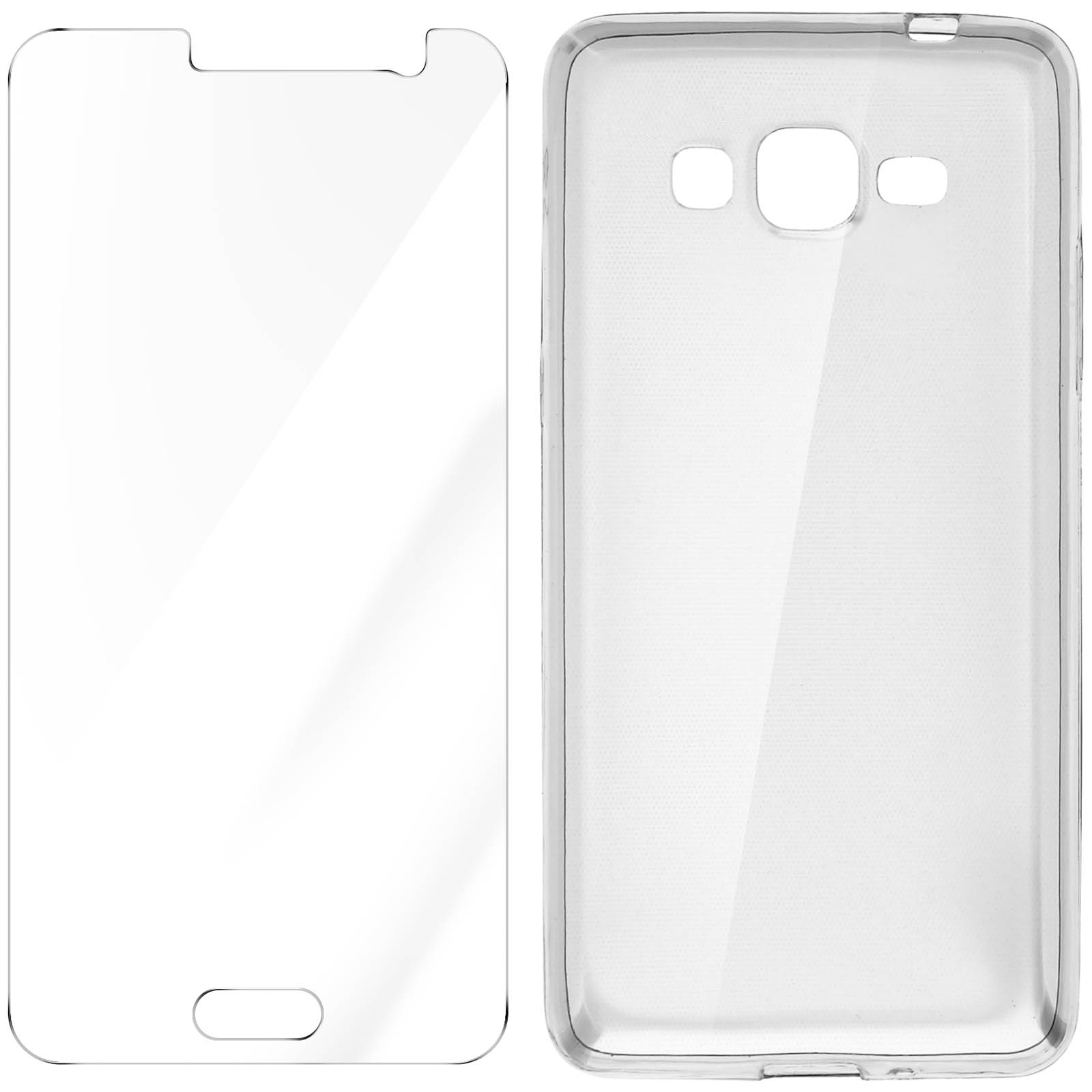 Funda transparente y protector de pantalla. Funda y protector uno al lado del otro.