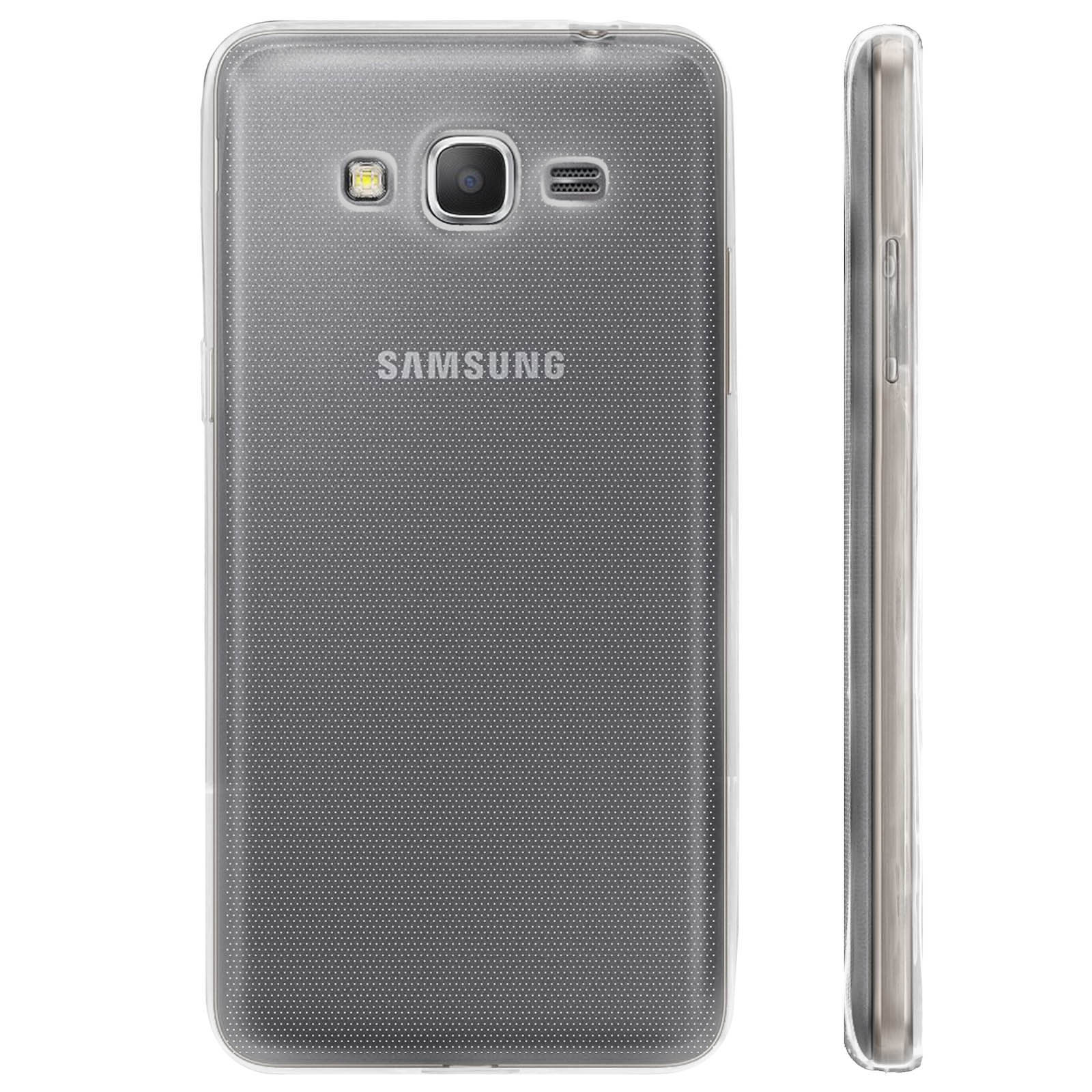 Funda gris para teléfono con cámara y logotipo. Vista lateral muestra grosor. Fondo blanco.