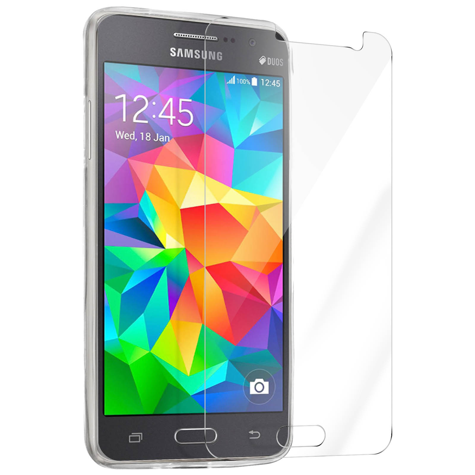 Un teléfono con protector de pantalla y funda, mostrando una pantalla colorida. Fondo blanco.