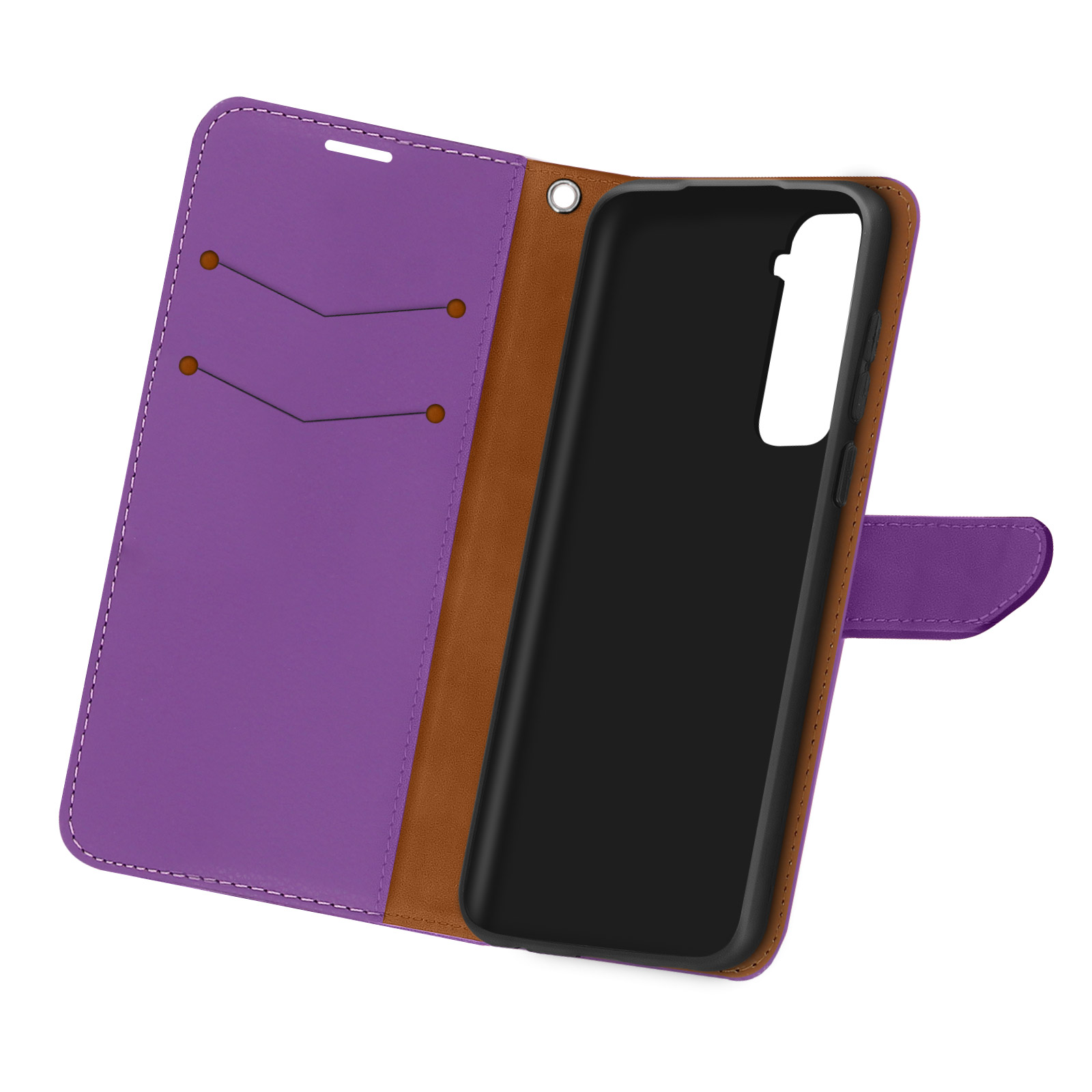 Custodia per telefono viola e marrone, aperta, con telefono dentro. Due fessure.