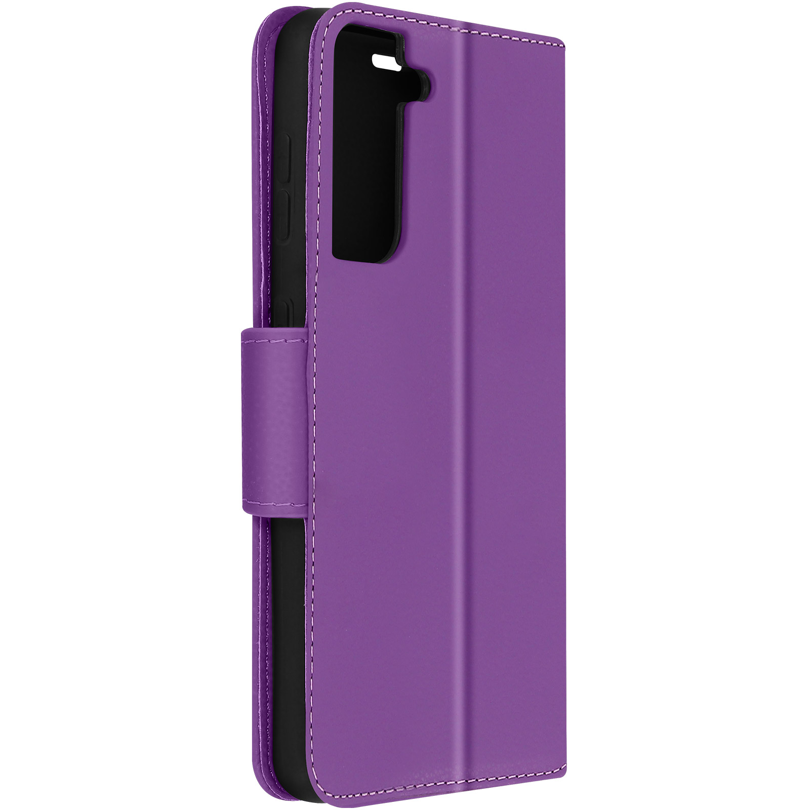 Custodia per telefono viola, chiusa, con chiusura magnetica. Cuciture bianche.