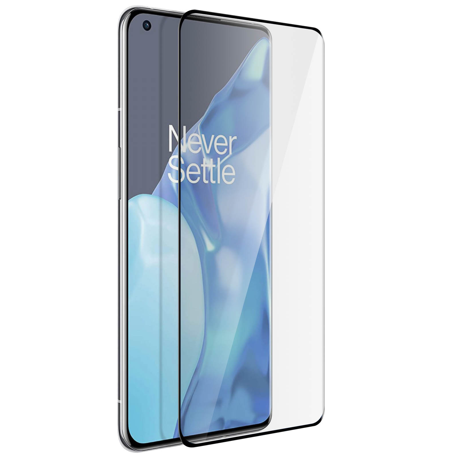 Un telefono con una protezione per lo schermo applicata, il telefono ha le parole Never Settle sullo schermo.