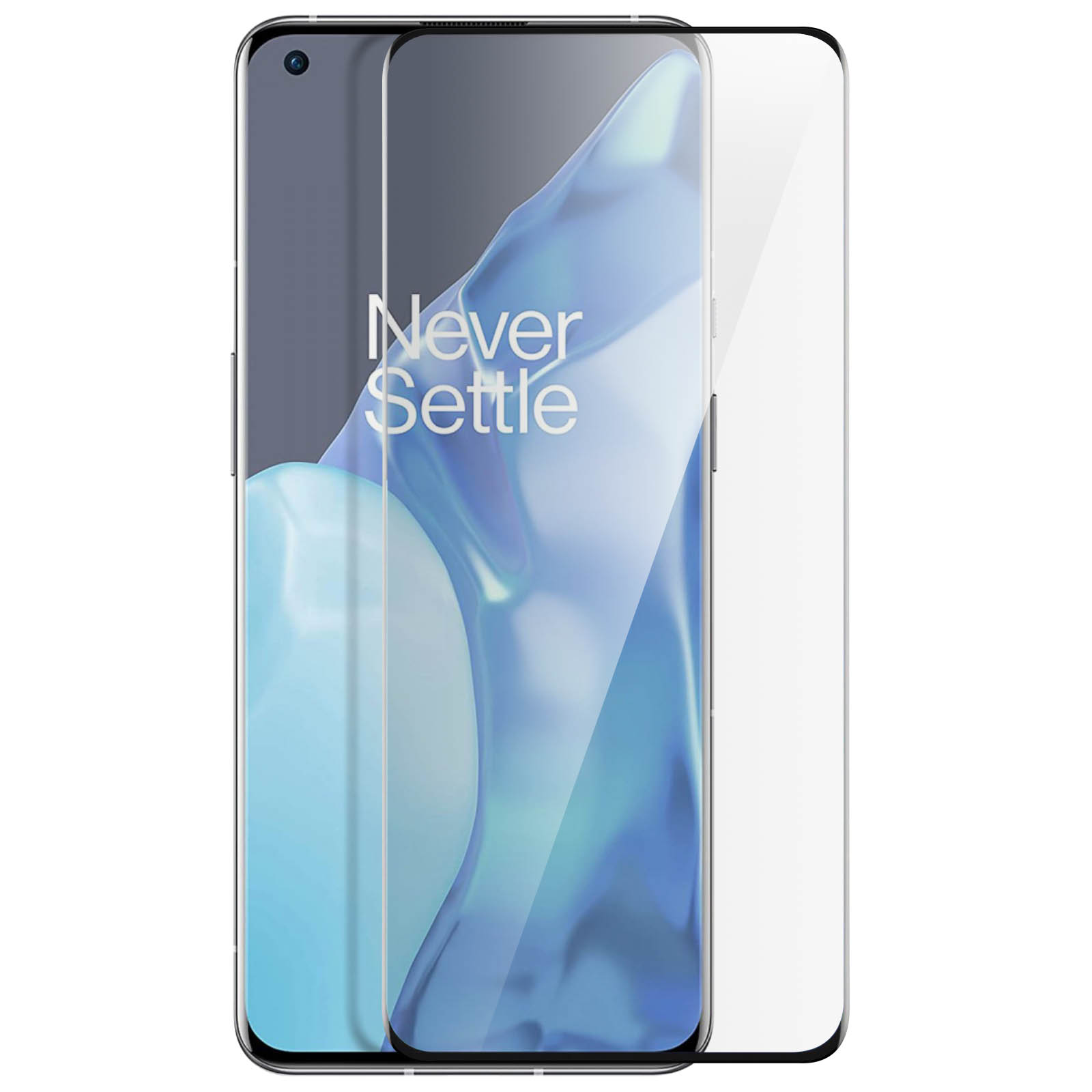 Uno smartphone con una protezione per lo schermo applicata. Lo schermo mostra un'immagine sfocata. Le parole "Never Settle" sono visibili.