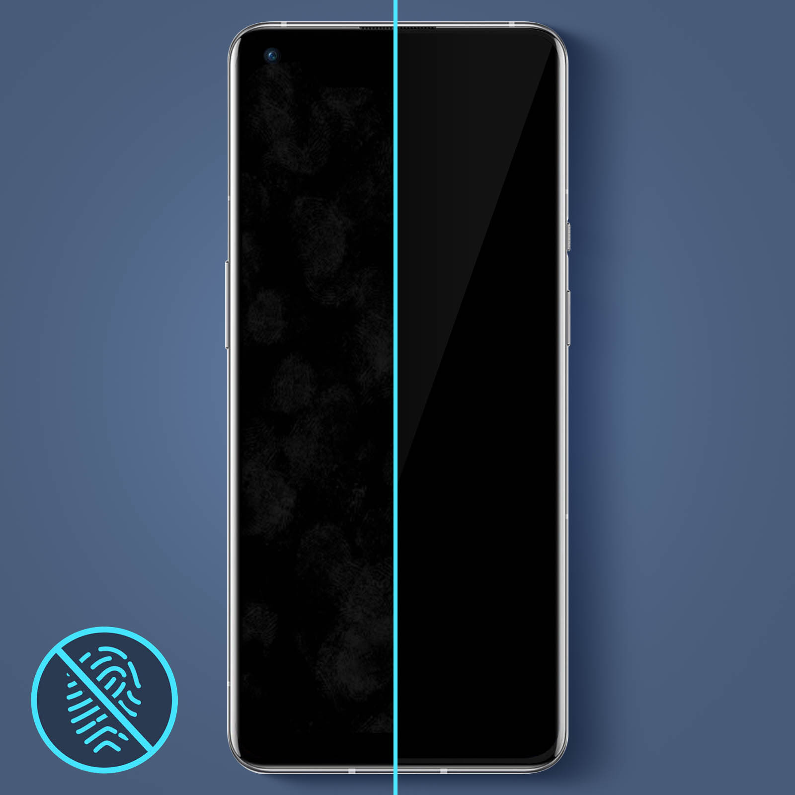 Schermo dello smartphone diviso. Il lato sinistro mostra impronte digitali, il lato destro è pulito. Sfondo blu e icona impronte.