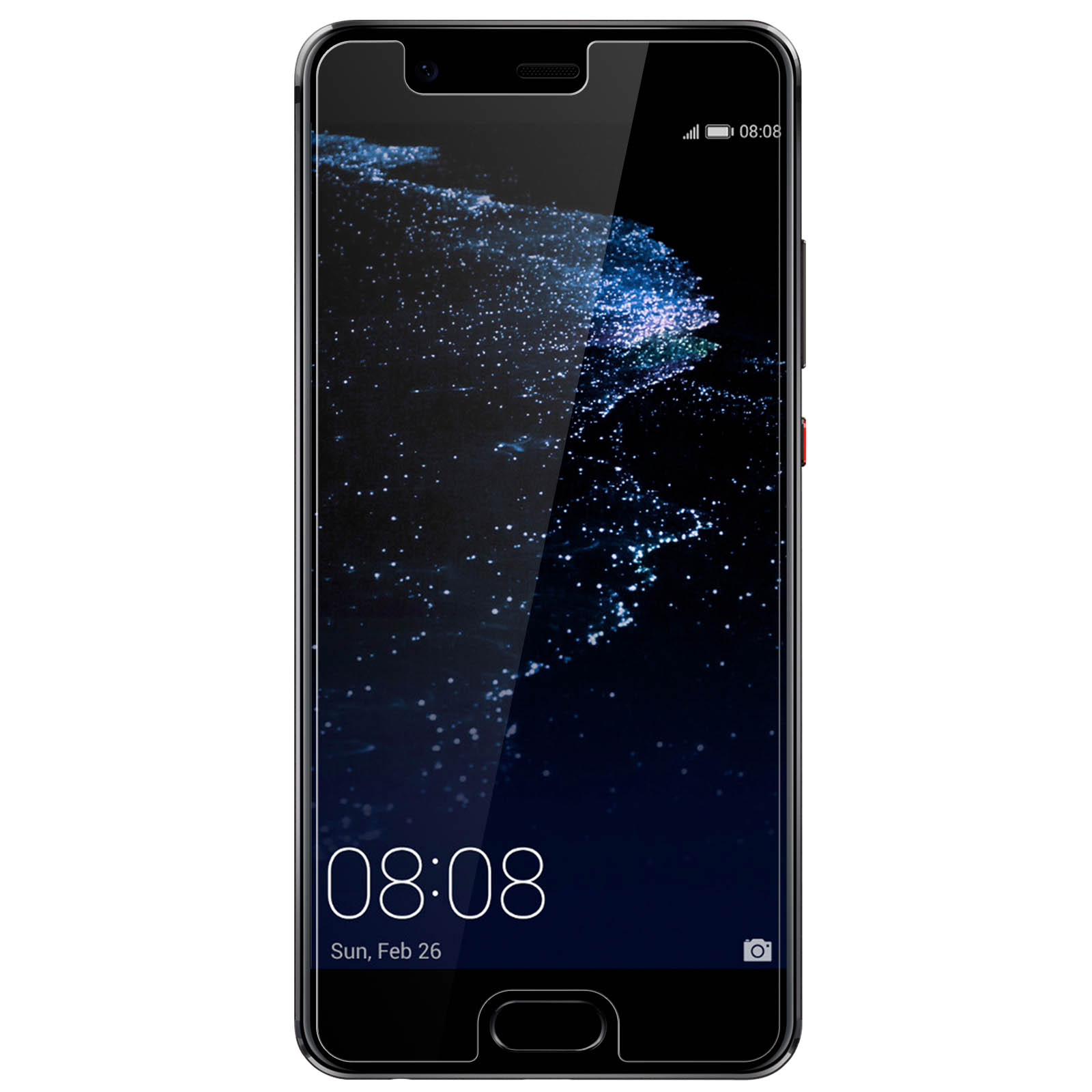 Smartphone nero con protezione schermo, con ora 08:08, su sfondo bianco.