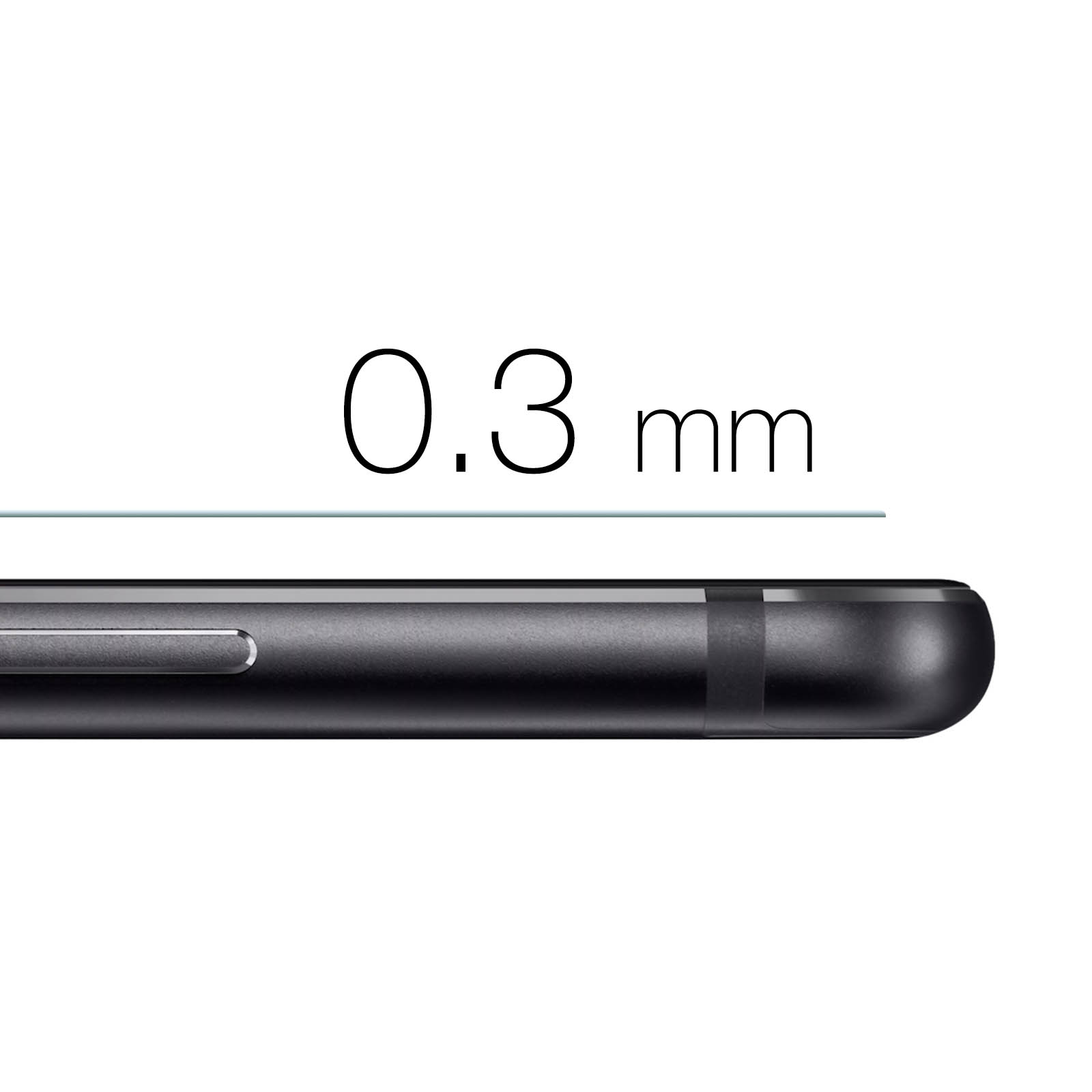Vista laterale di un telefono, che mostra lo spessore della protezione schermo di 0,3 mm.