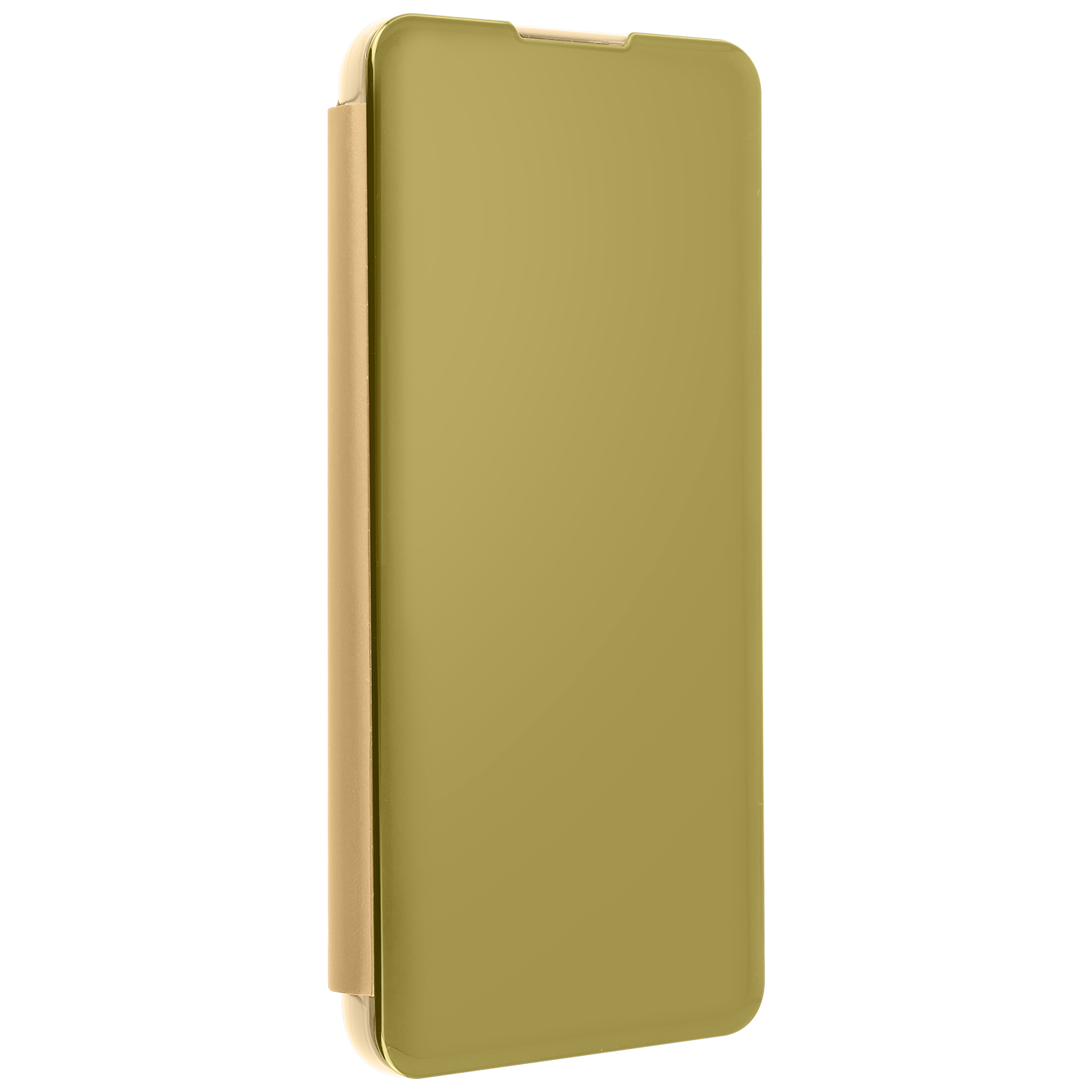 Olijfkleurige telefoonhoes, gesloten. Gouden rand en een glad oppervlak.